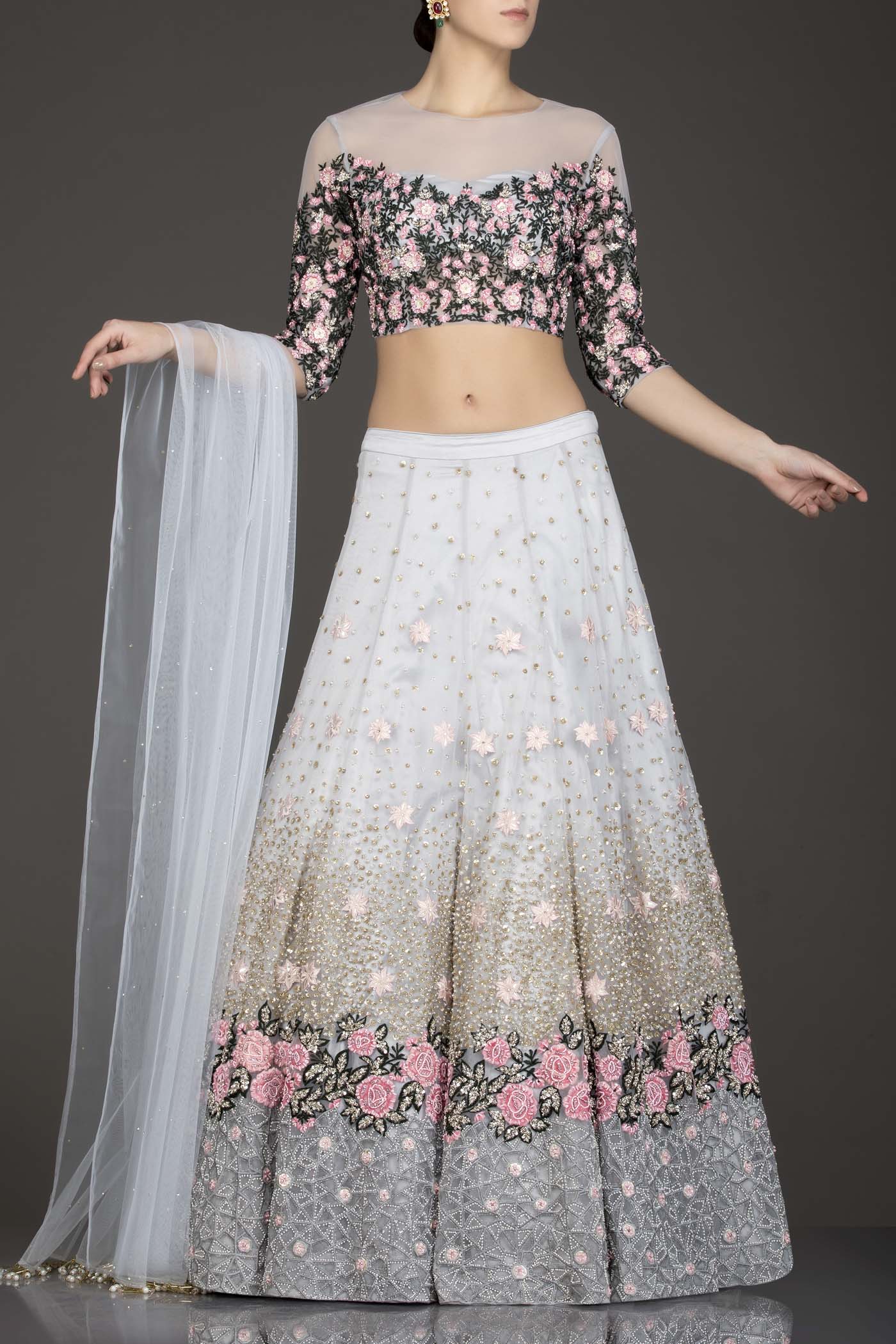 Light Grey Colour Net Lehenga Top Dupatta With Black And Pink Thread Work And Sequence Highlighting