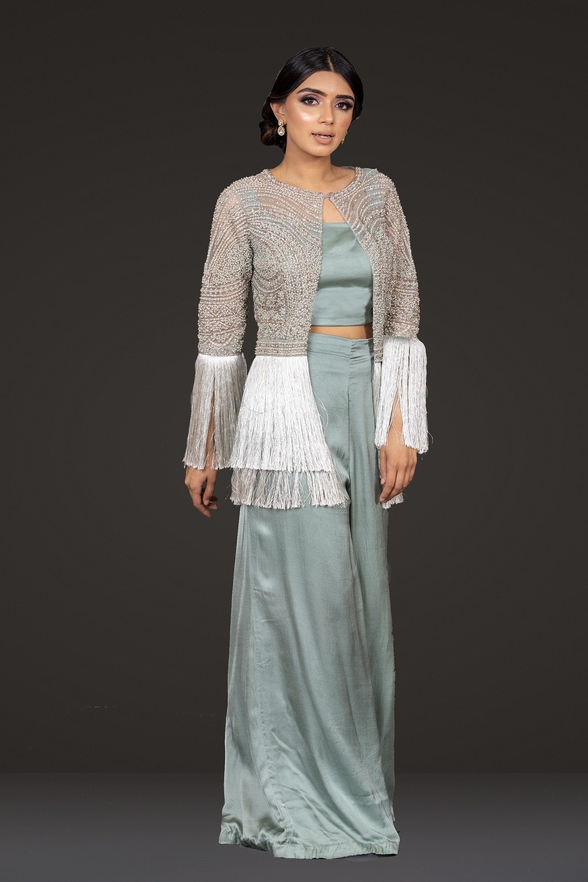Stylish Jacket with Fringes, paired with palazoo