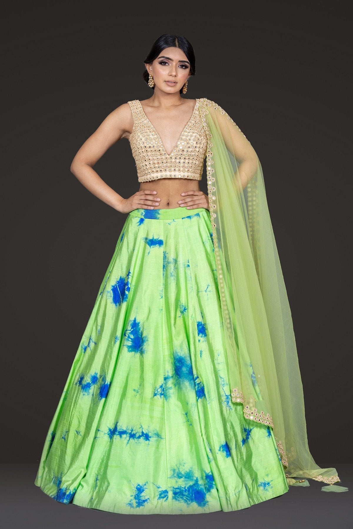 Mirror embroidered top with tie and dye Skirt