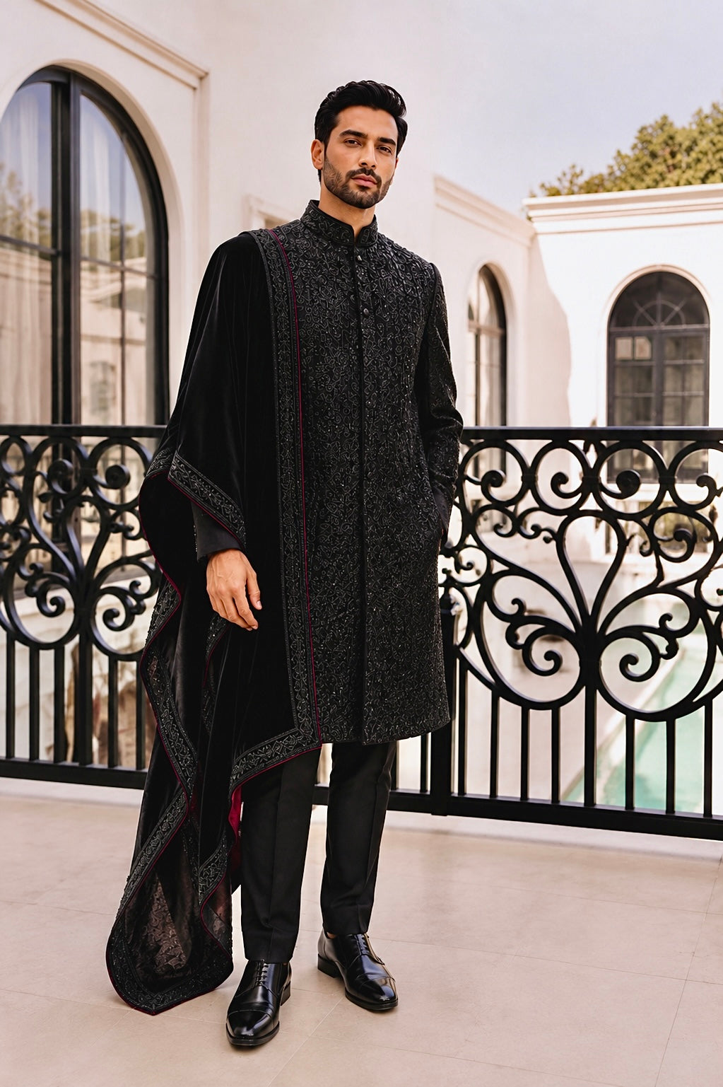 Black Embroidered Sherwani Set with Stole