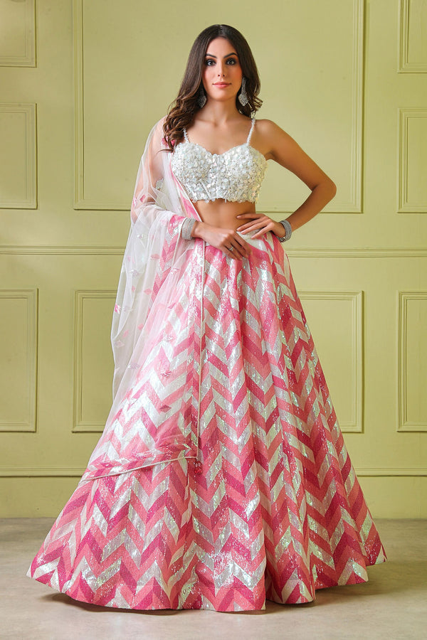 Pink Zig-Zag Lehenga With White Top & Pink Border Dup