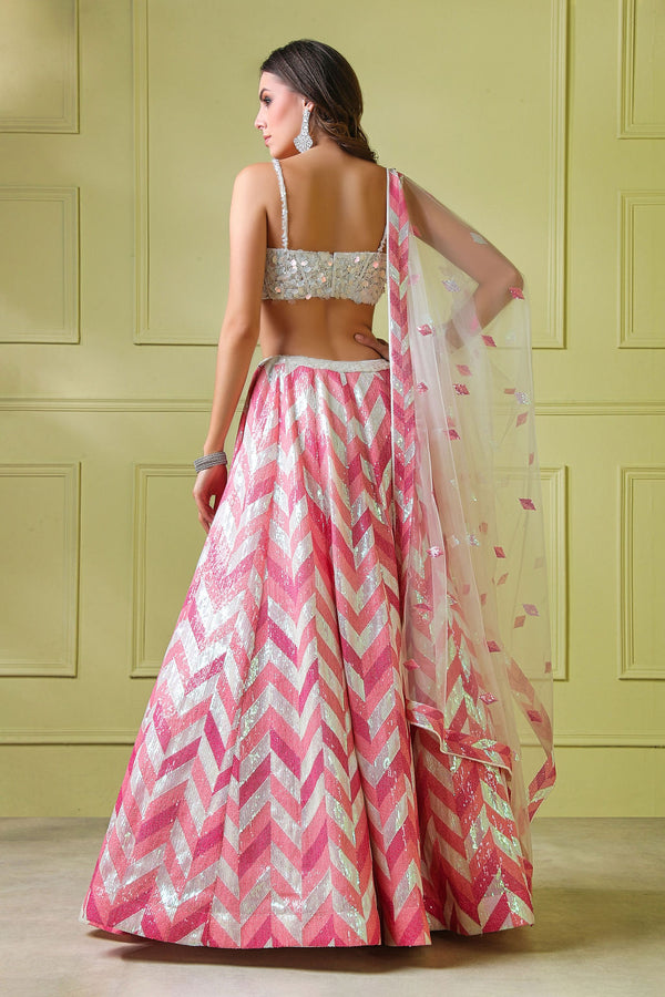 Pink Zig-Zag Lehenga With White Top & Pink Border Dup