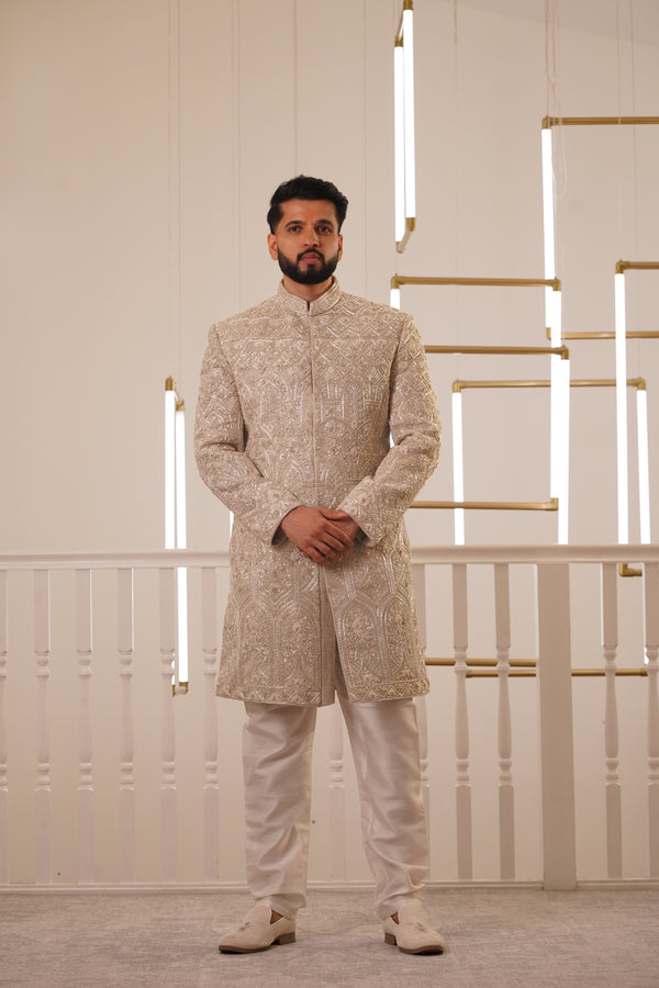 LIGHT GOLD EMBROIDERY SHERWANI WITH TROUSER