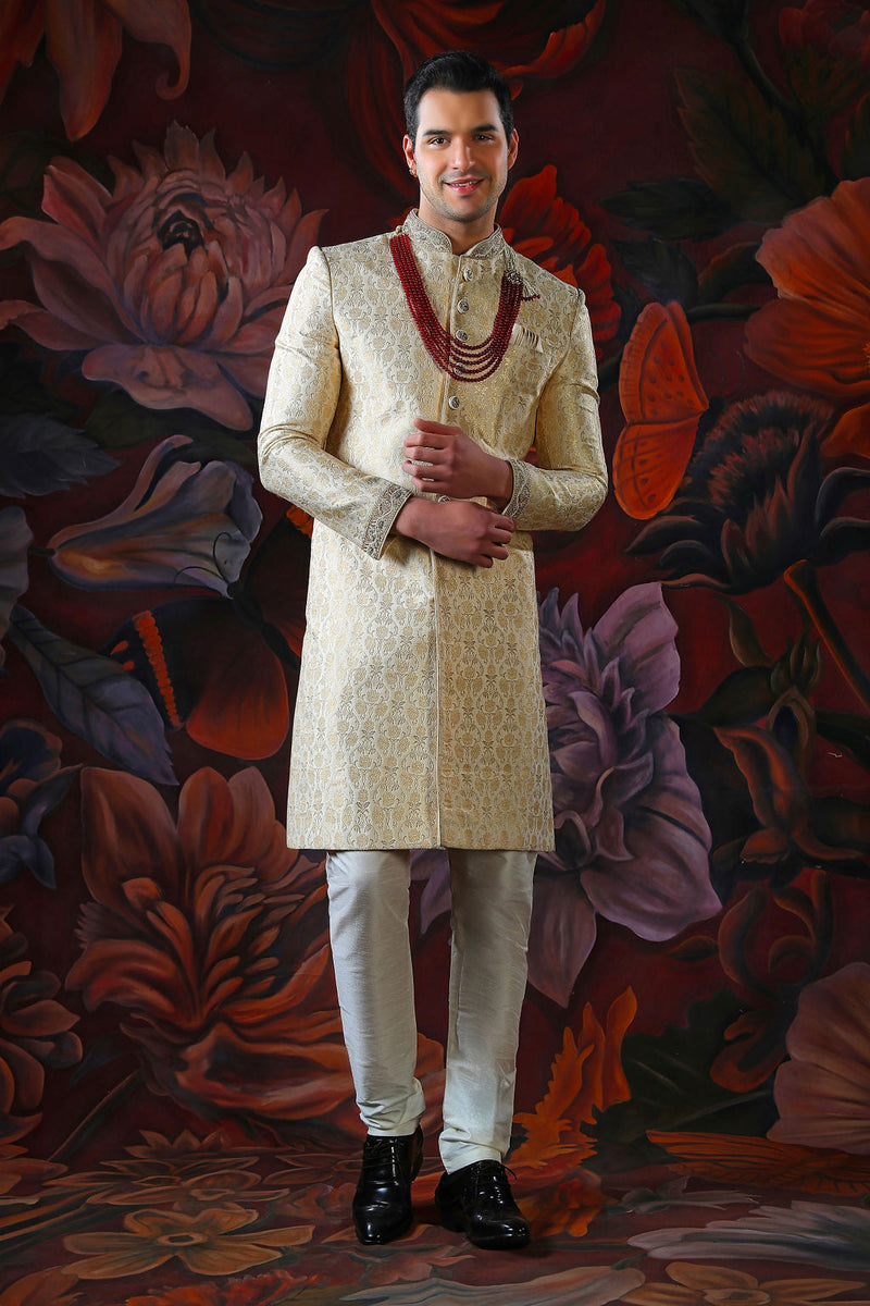 gold embroidered sherwani with churidar