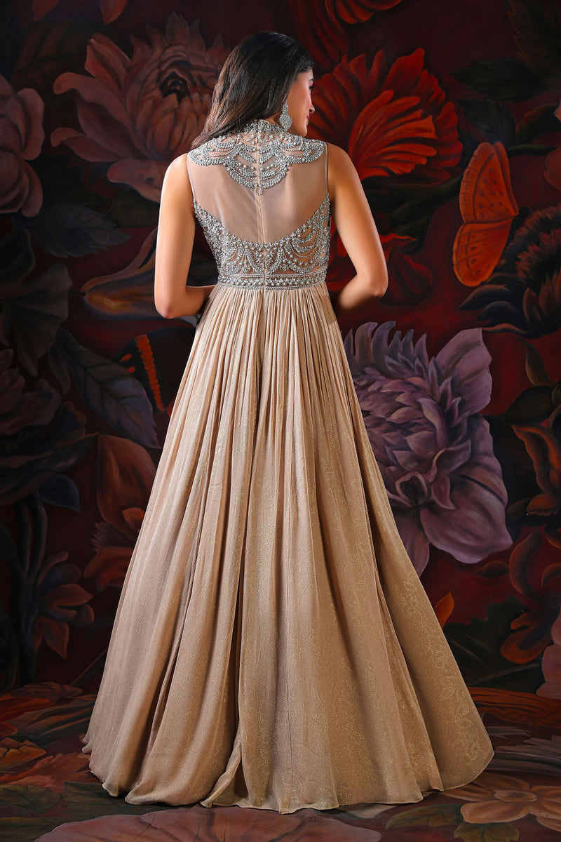 Gold Gown with Beautiful embroidery on Yoke