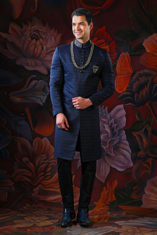 navy blue embroidered sherwani with churidar