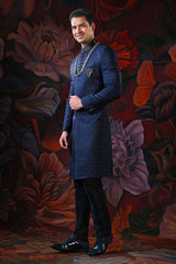 navy blue embroidered sherwani with churidar