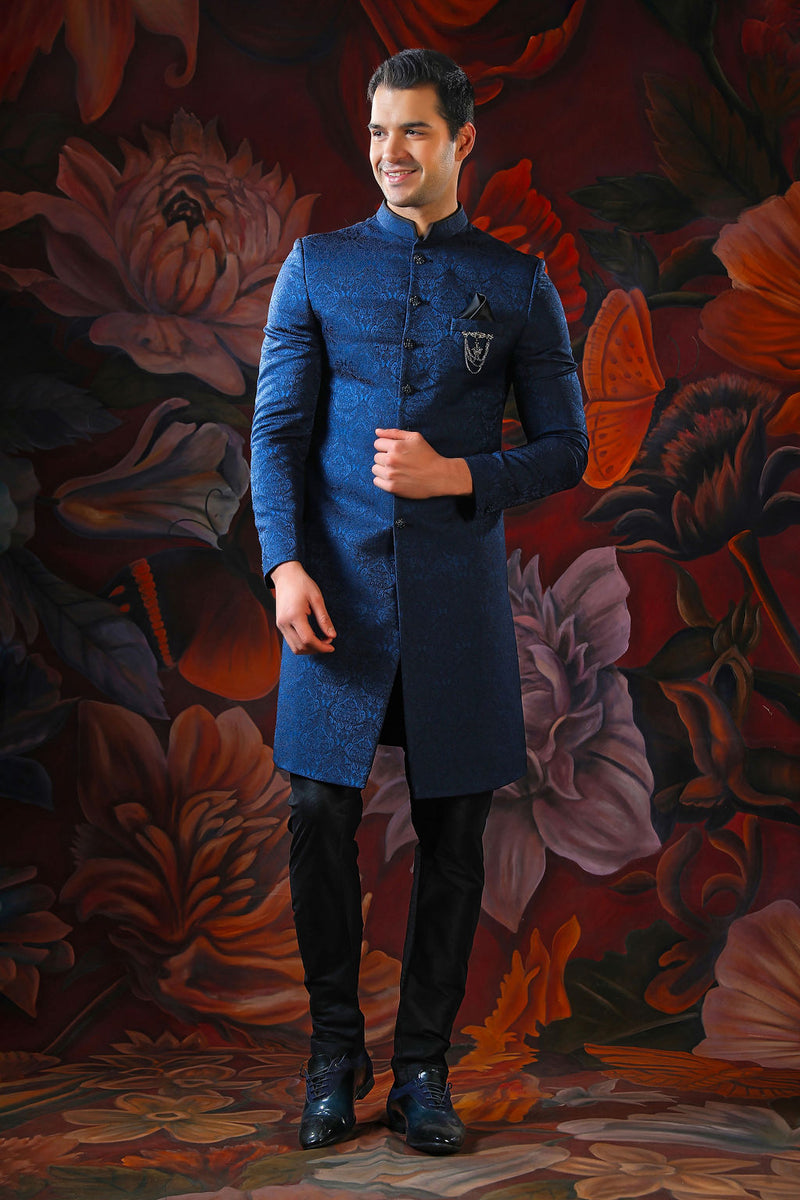 blue embroidered sherwani with churidar
