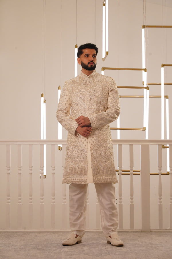 IVORY EMBROIDERY SHERWANI WITH TROUSER