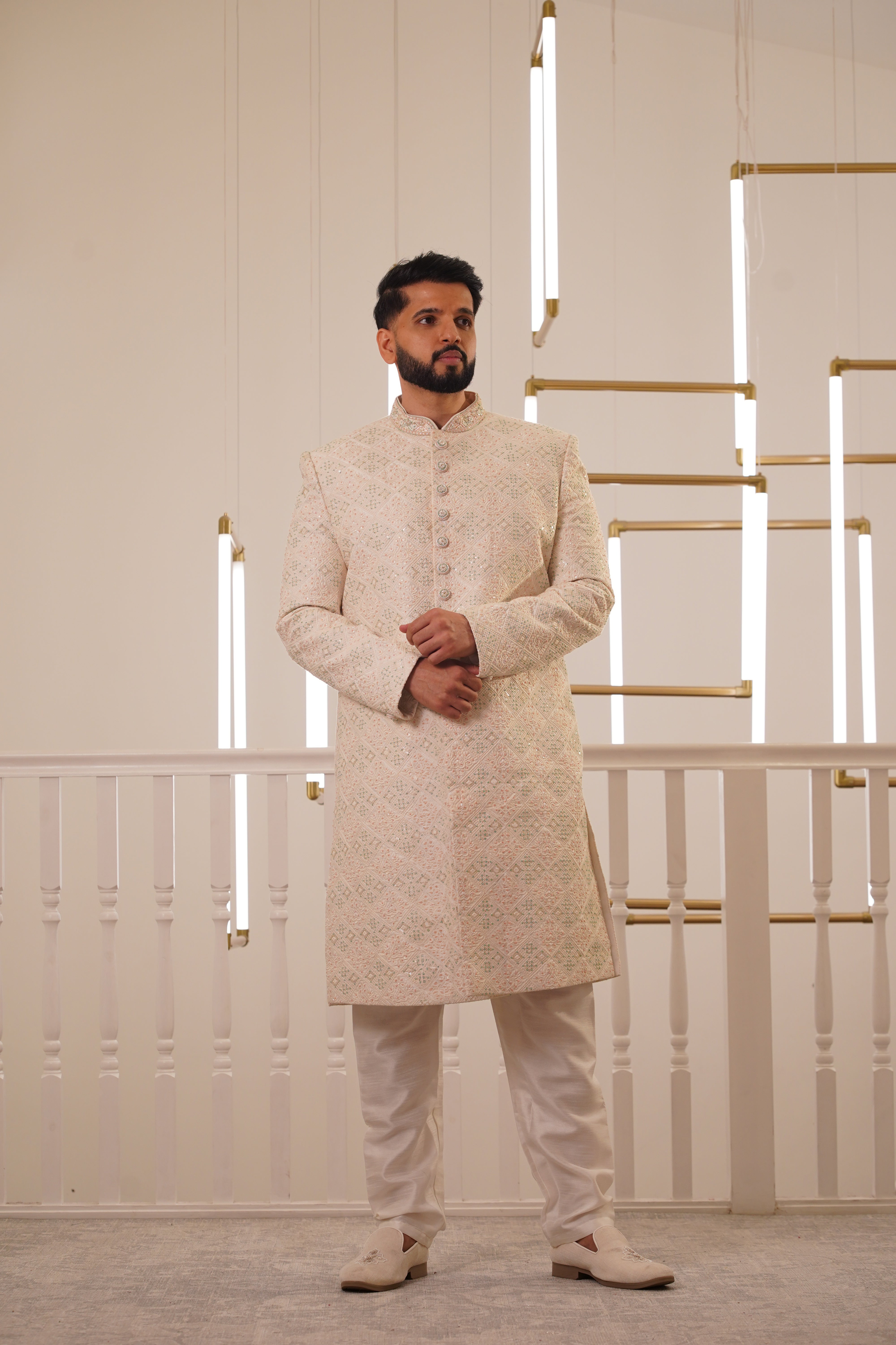 IVORY EMBROIDERY SHERWANI WITH TROUSER
