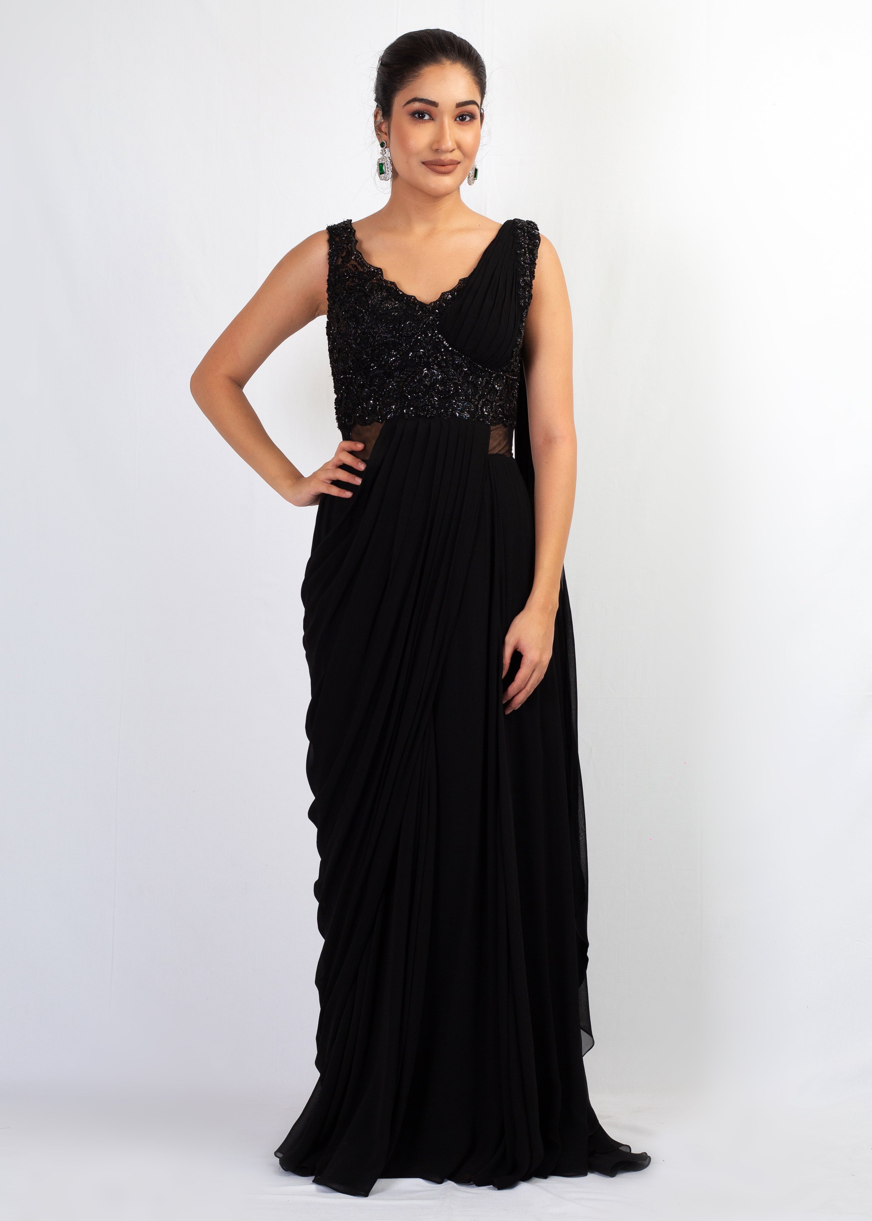 STYLISH BLACK EMBROIDERED DRAPE SAREE
