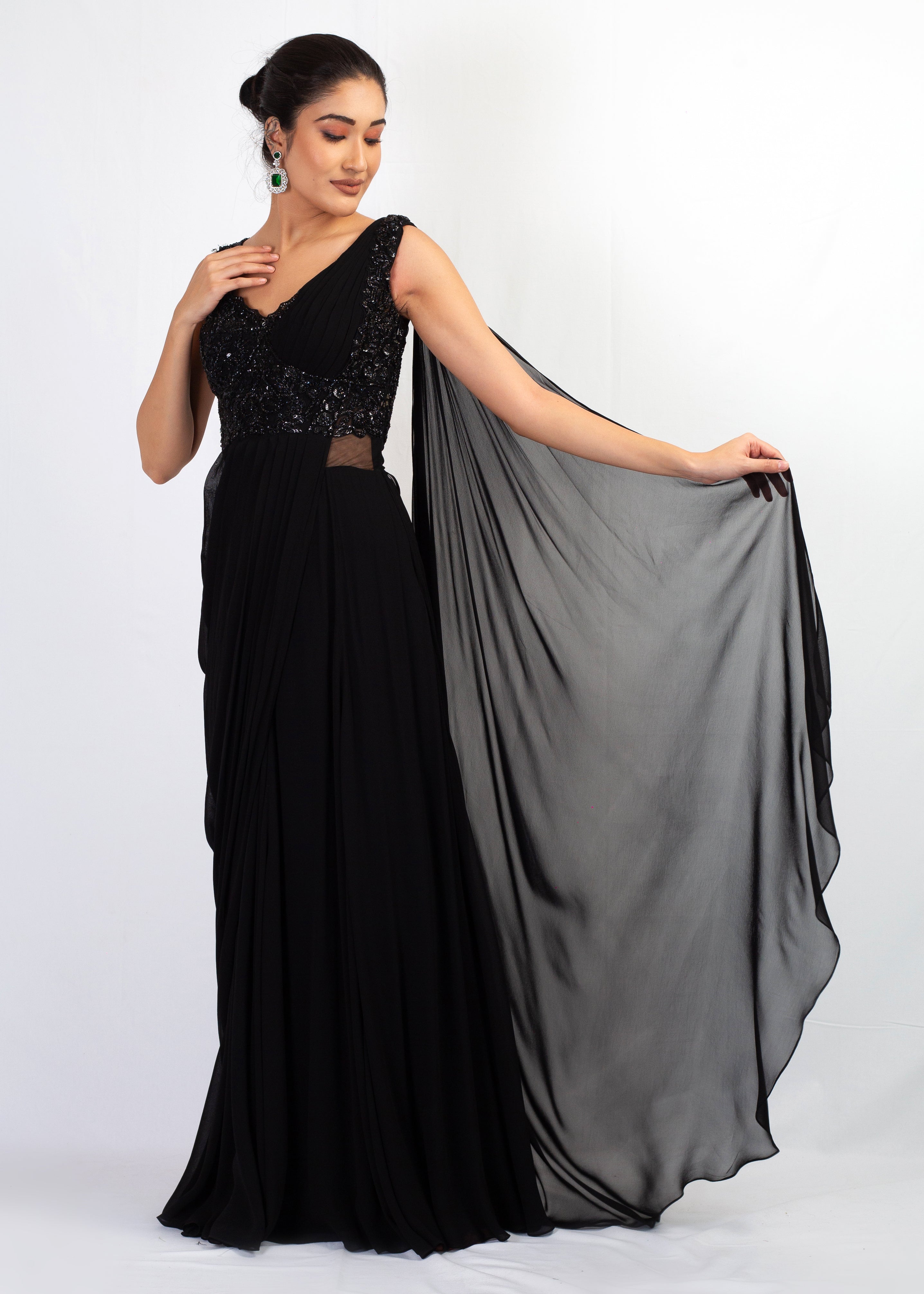 STYLISH BLACK EMBROIDERED DRAPE SAREE