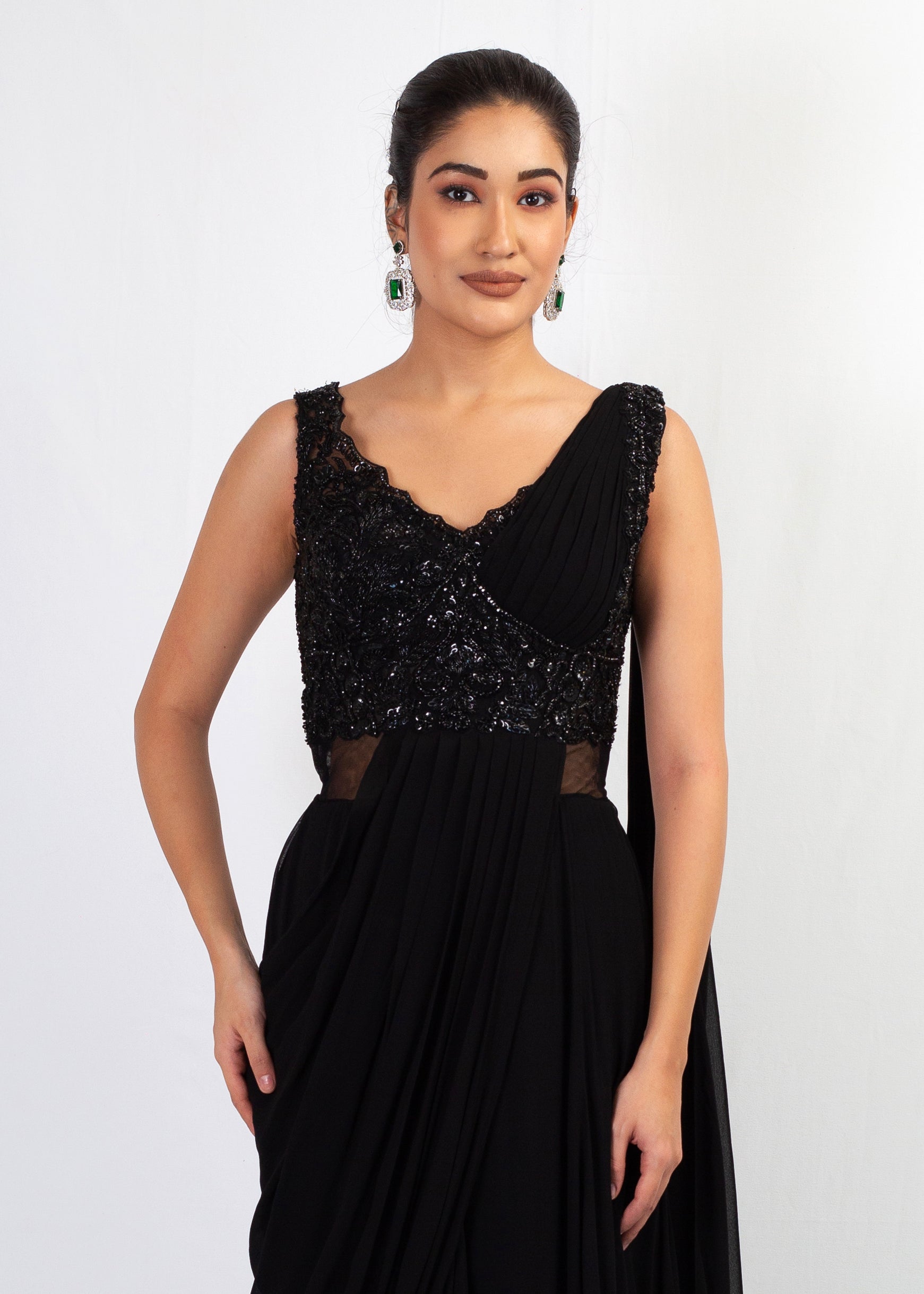 STYLISH BLACK EMBROIDERED DRAPE SAREE