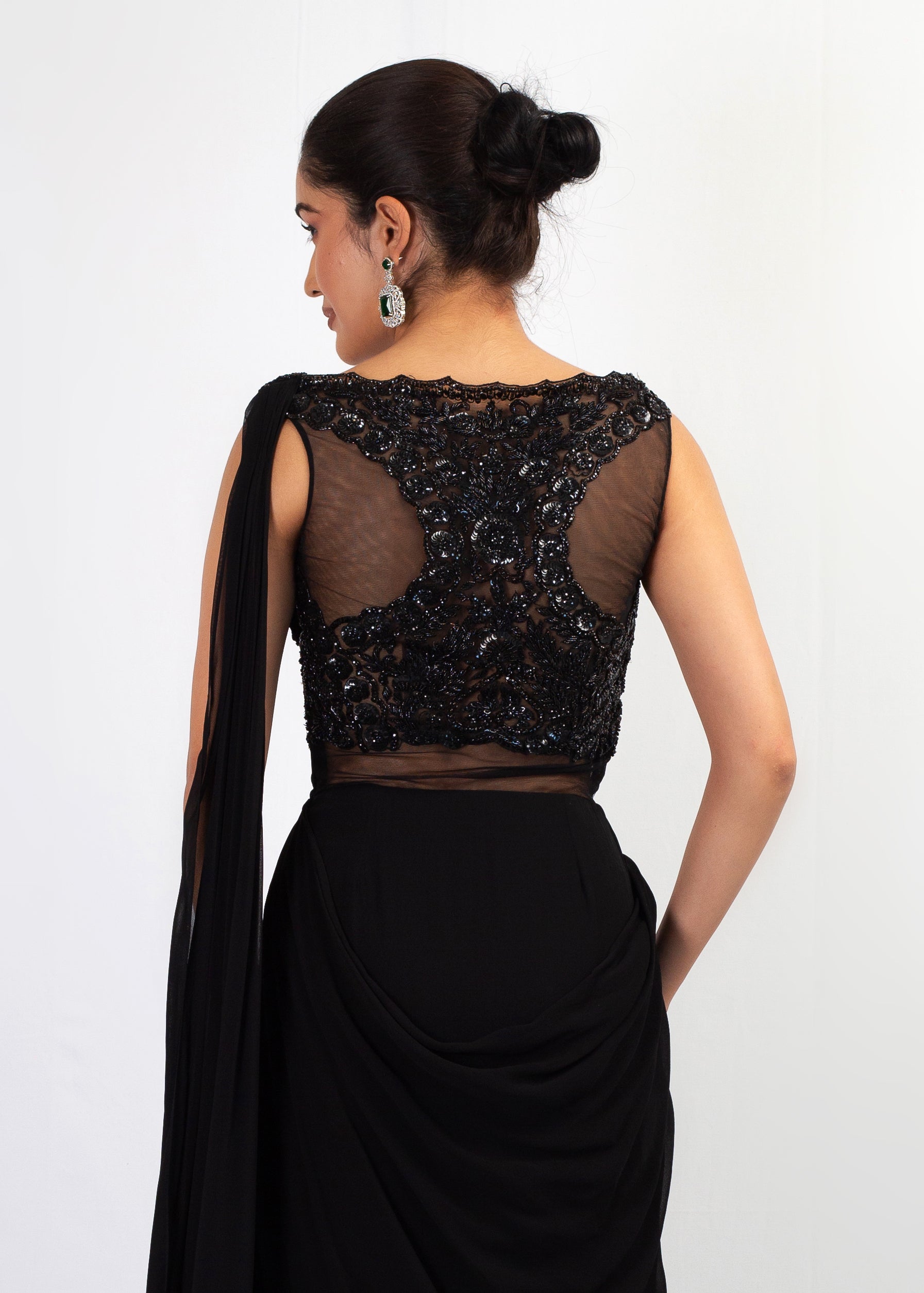 STYLISH BLACK EMBROIDERED DRAPE SAREE