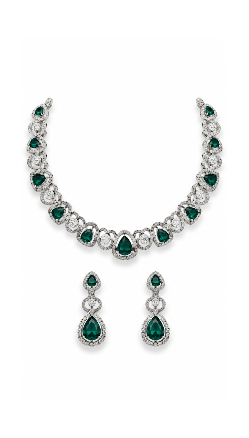 Emerald American Diamond Necklace Set