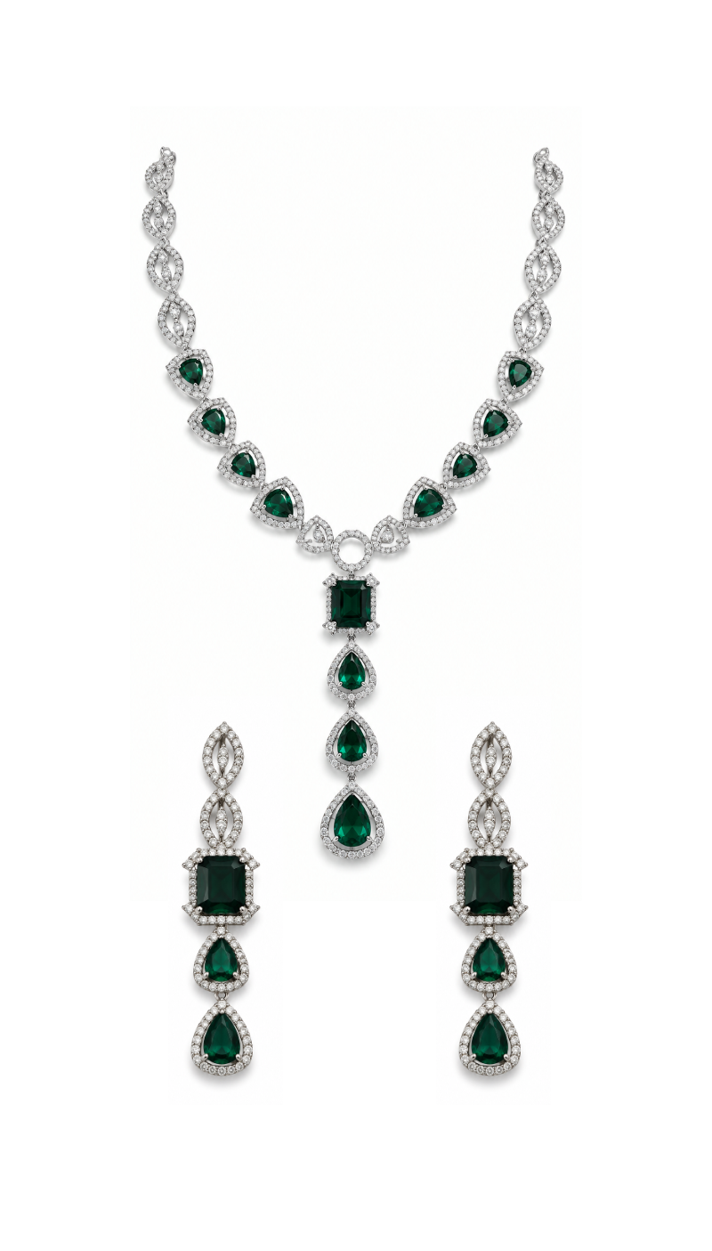 Emerald Silver Necklace Set
