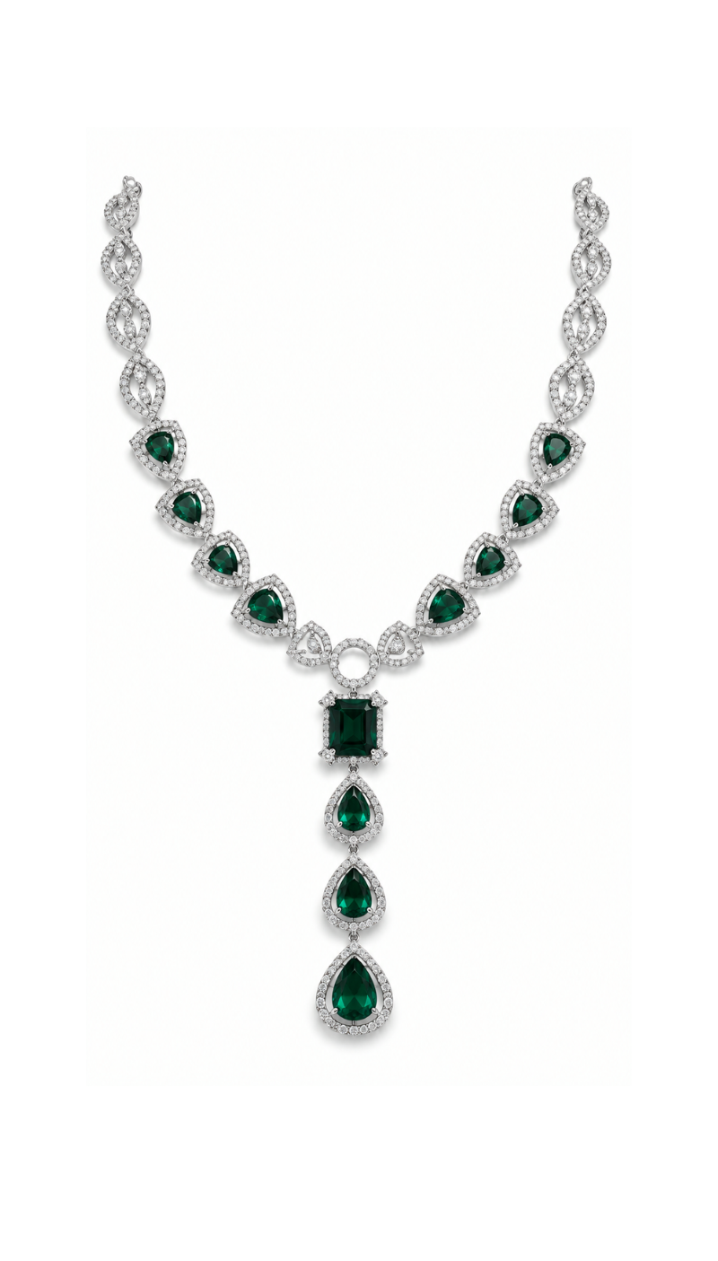 Emerald Silver Necklace Set