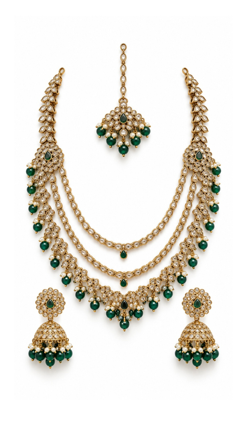 Emerald Layered Polki Necklace Set