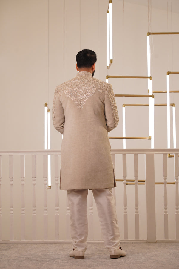 LIGHT GOLD EMBROIDERY SHERWANI WITH TROUSER