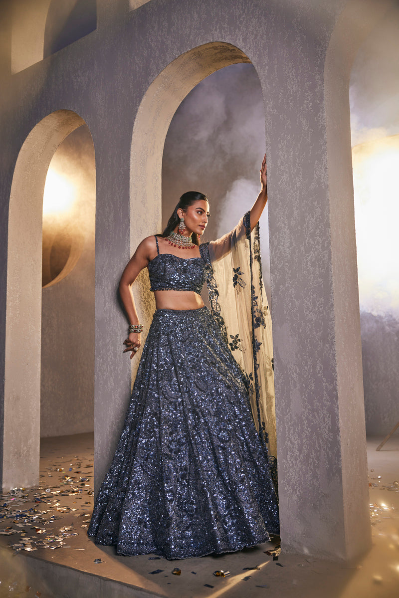 ELEGANT GREY LEHENGA WITH STRIPE TOP AND DUPATTA