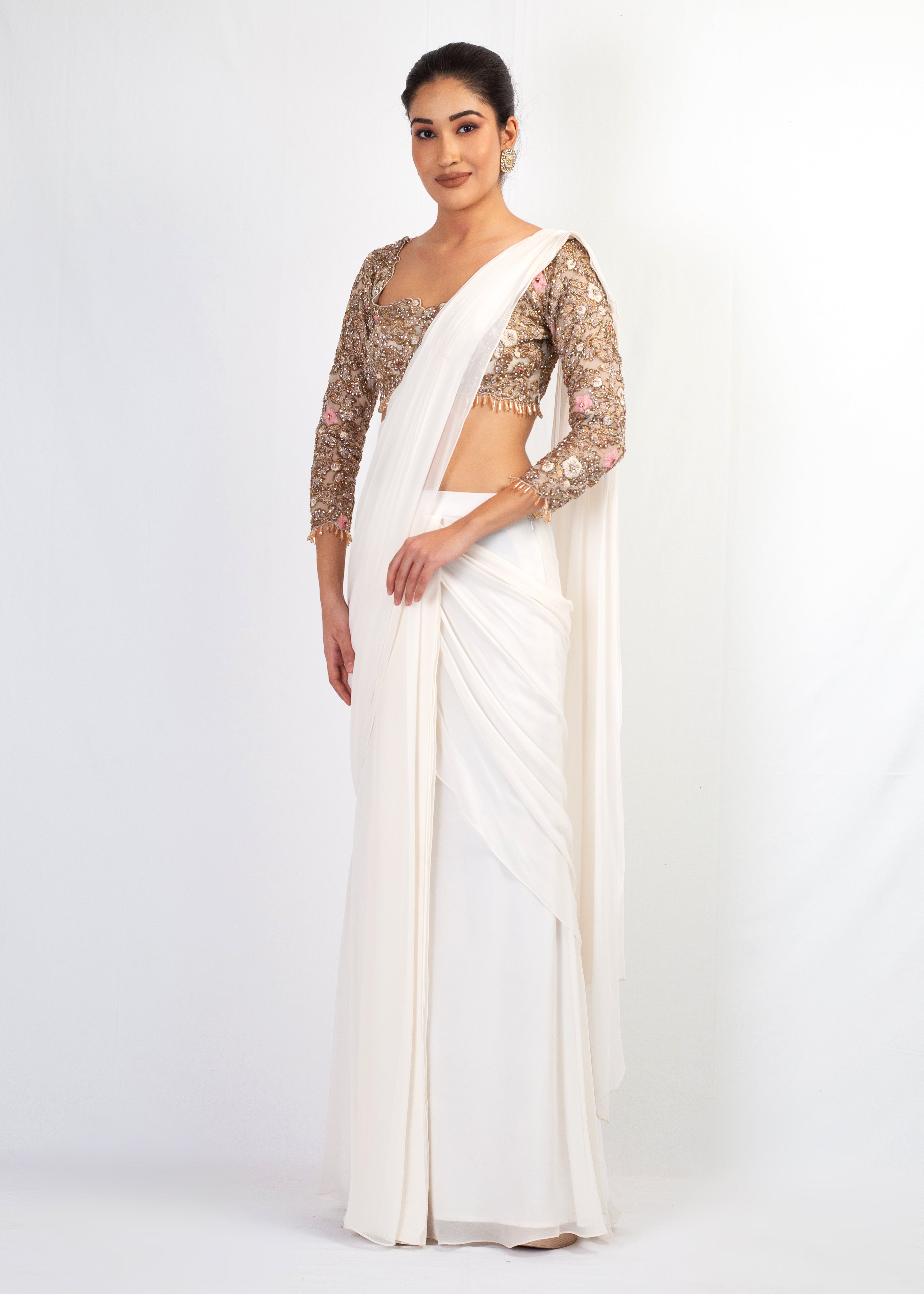 ELEGANT NUDE STITCHED SAREE WITH FULL SLEEVES EMBROIDRY TOP