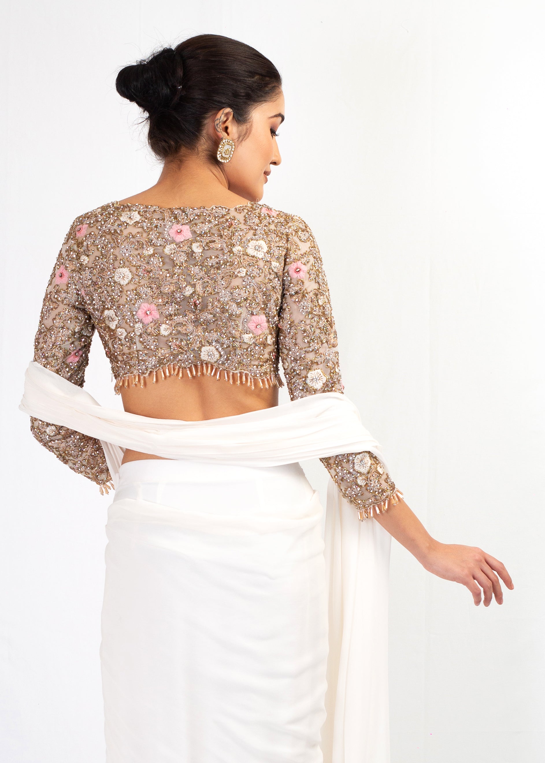 ELEGANT NUDE STITCHED SAREE WITH FULL SLEEVES EMBROIDRY TOP