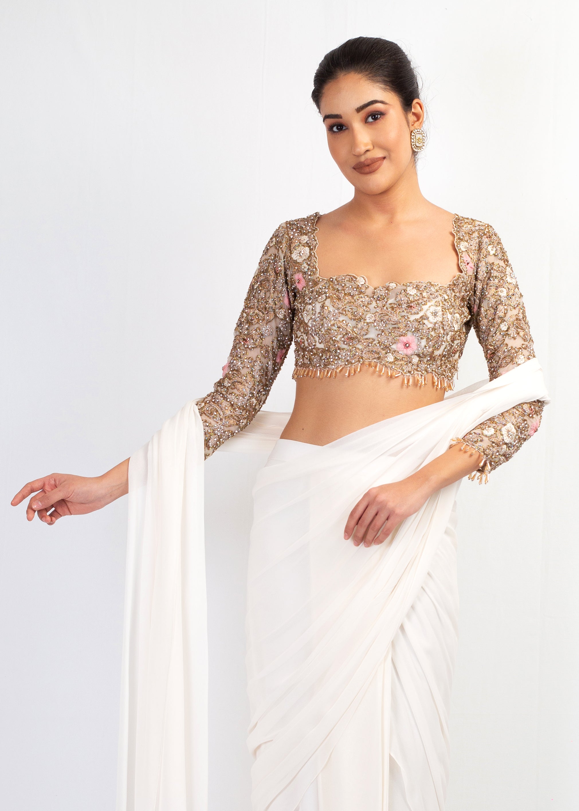 ELEGANT NUDE STITCHED SAREE WITH FULL SLEEVES EMBROIDRY TOP