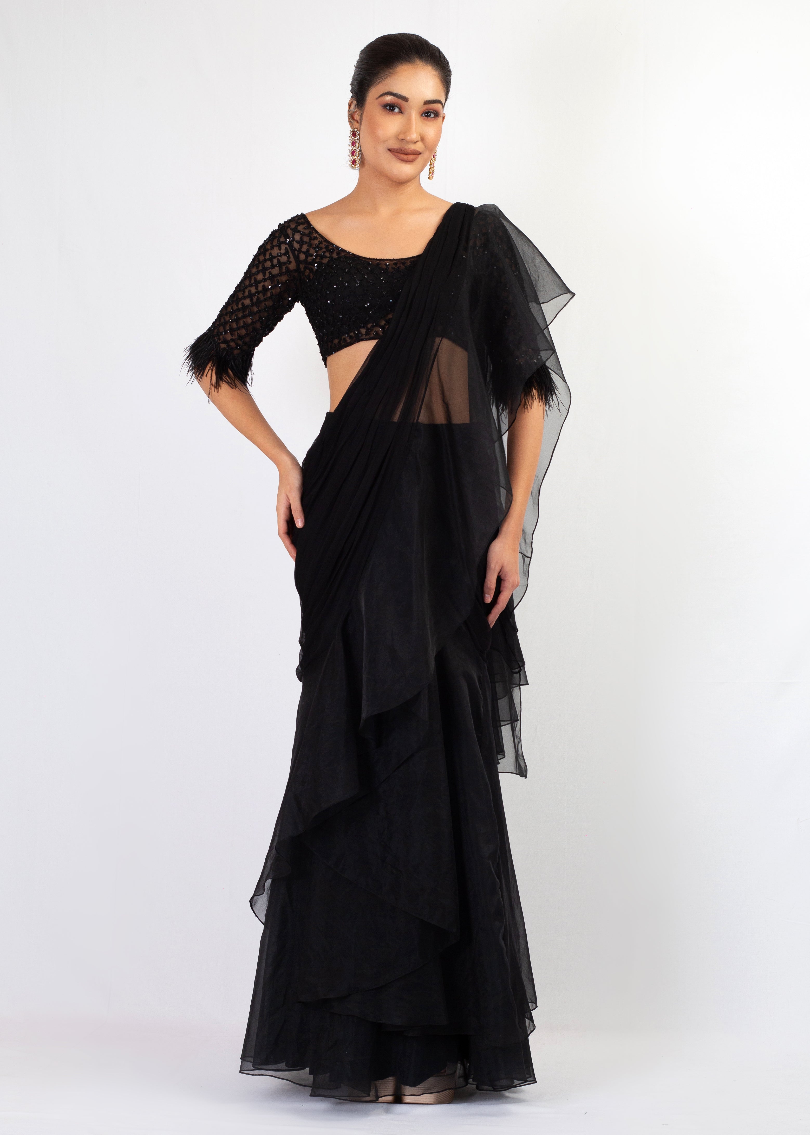 STYLISH BLACK STITCHED SAREE WITH EMBROIDERY TOP