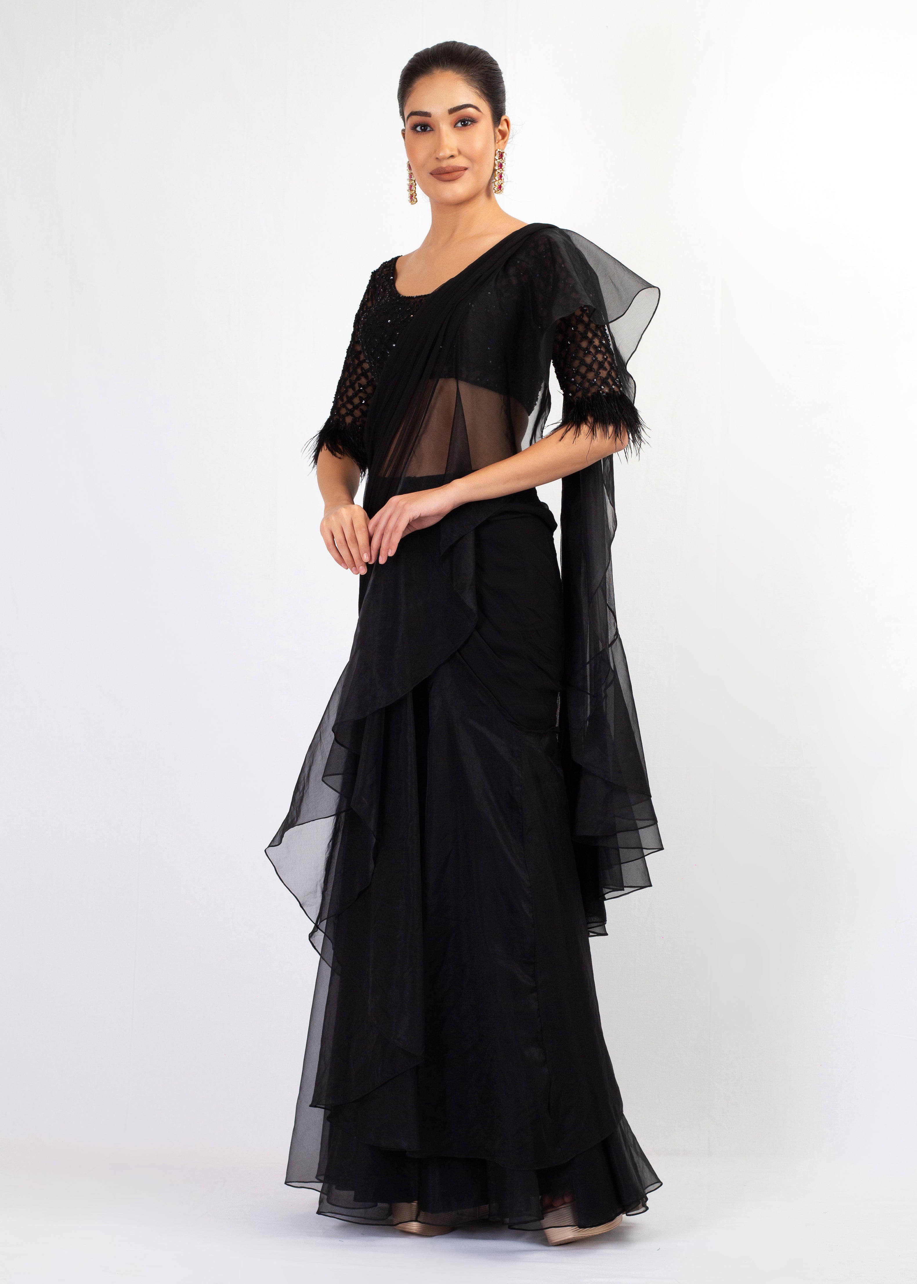 STYLISH BLACK STITCHED SAREE WITH EMBROIDERY TOP