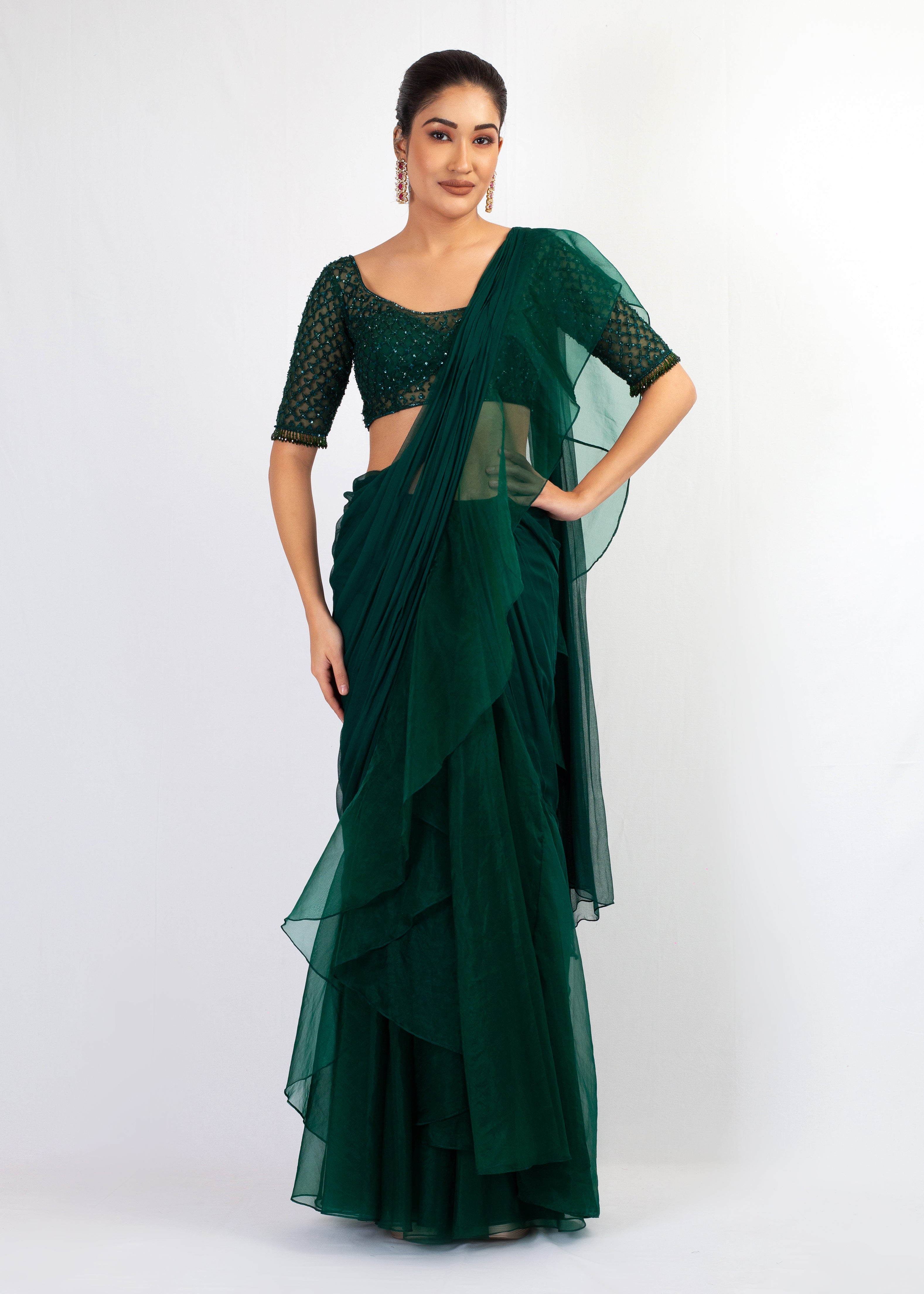 STYLISH GREEN PLAIN SAREE WITH EMBROIDERY TOP