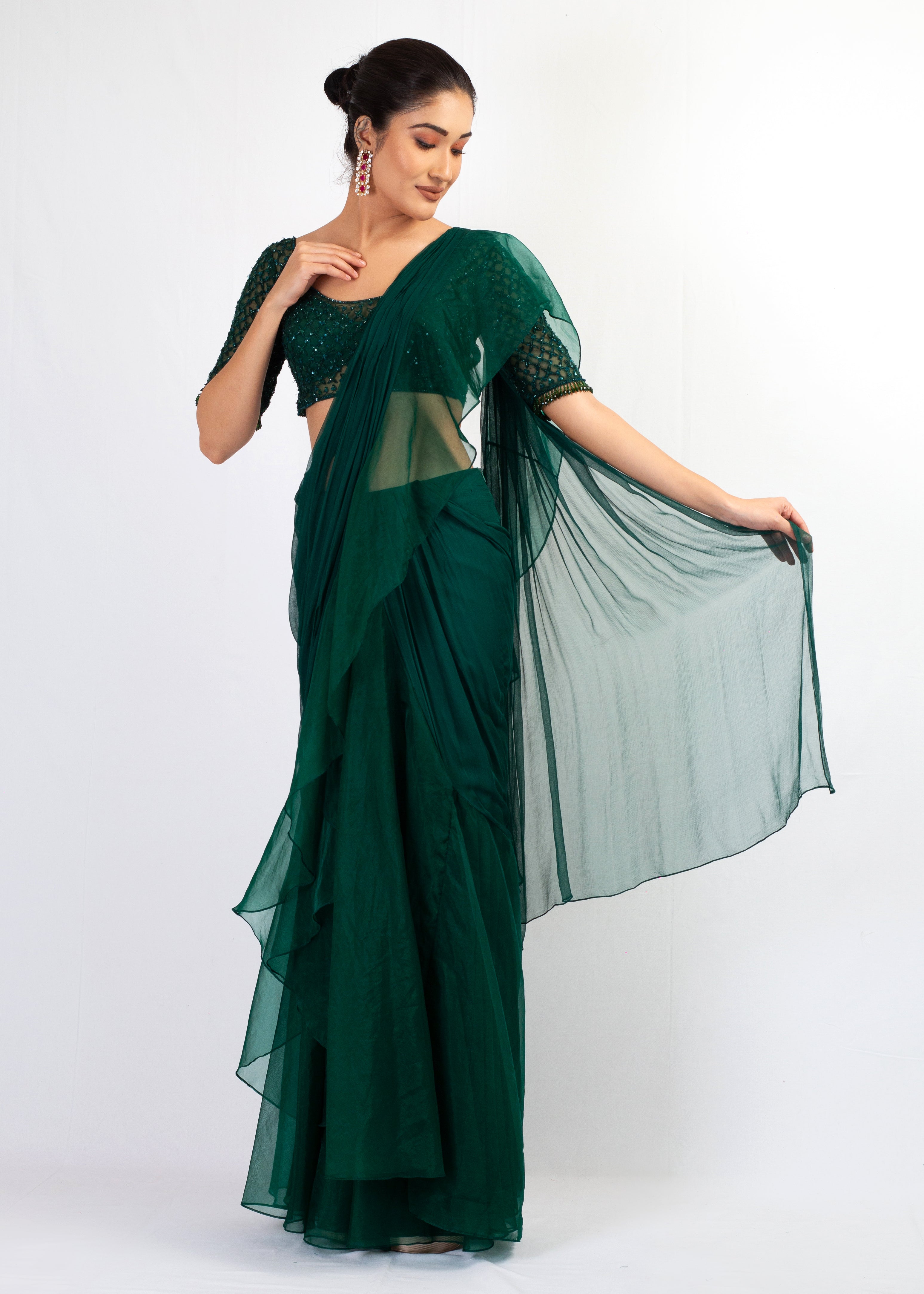 STYLISH GREEN PLAIN SAREE WITH EMBROIDERY TOP
