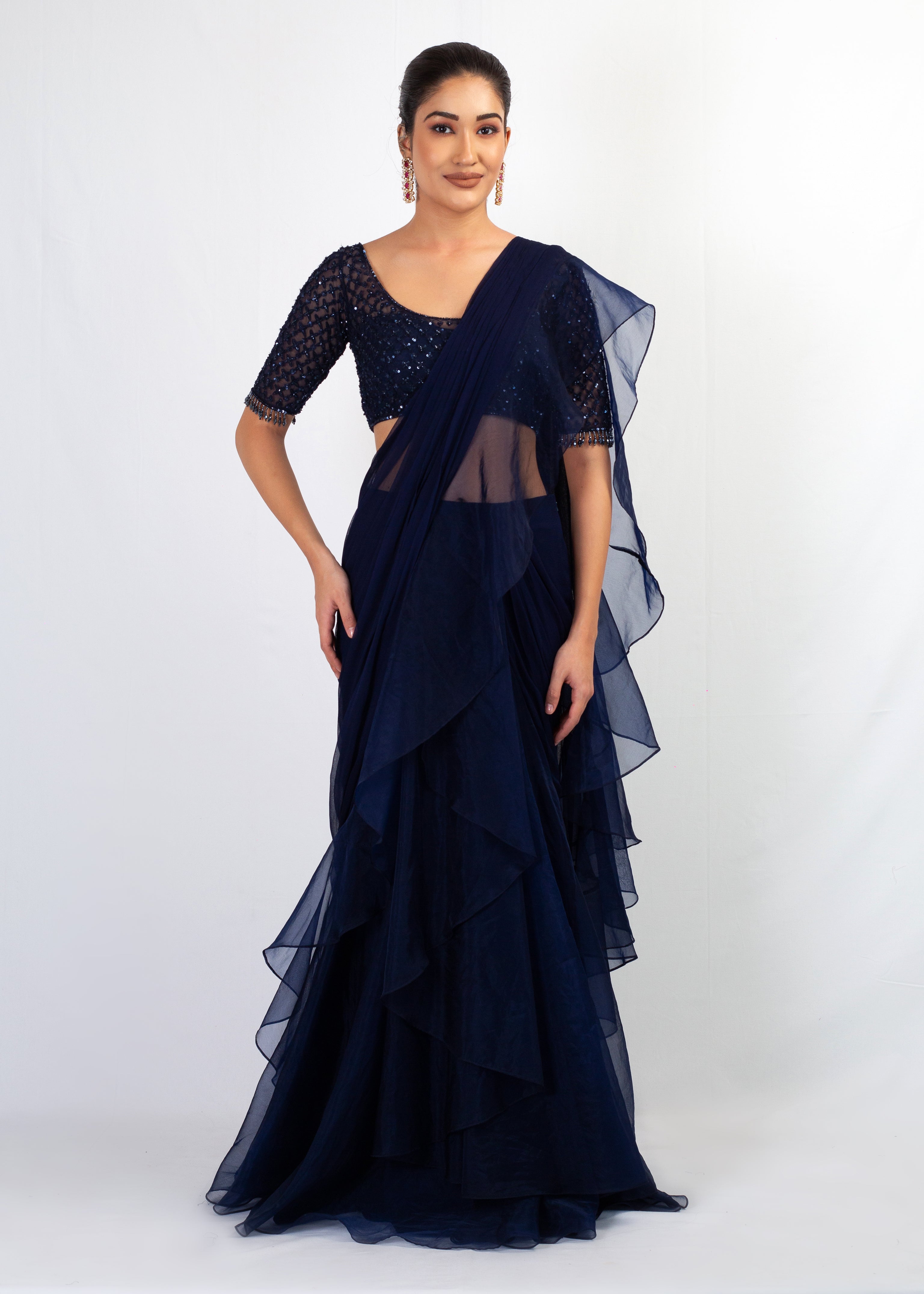 STYLISH NAVY BLUE PLAIN SAREE WITH EMBROIDERY TOP