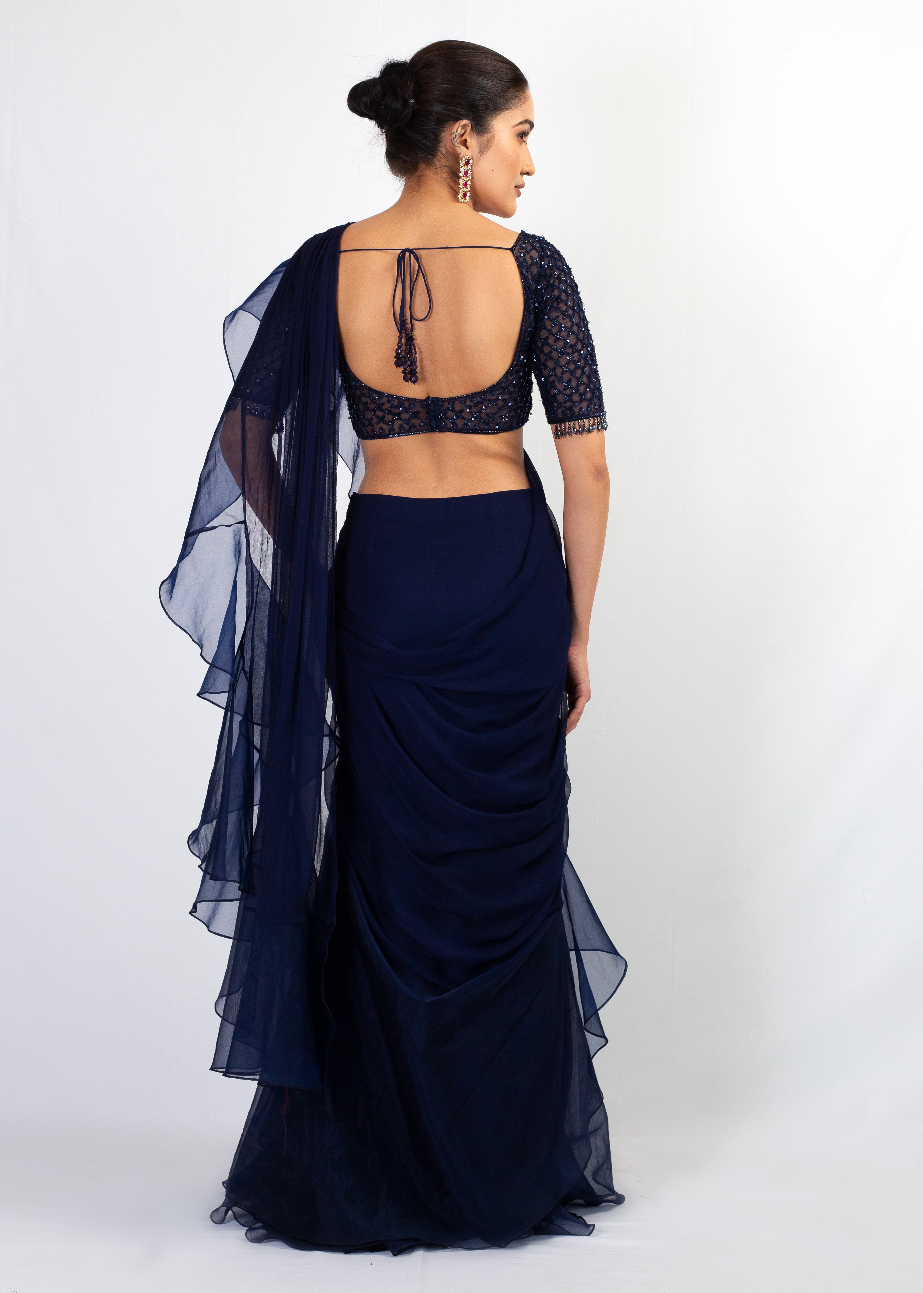 STYLISH NAVY BLUE PLAIN SAREE WITH EMBROIDERY TOP