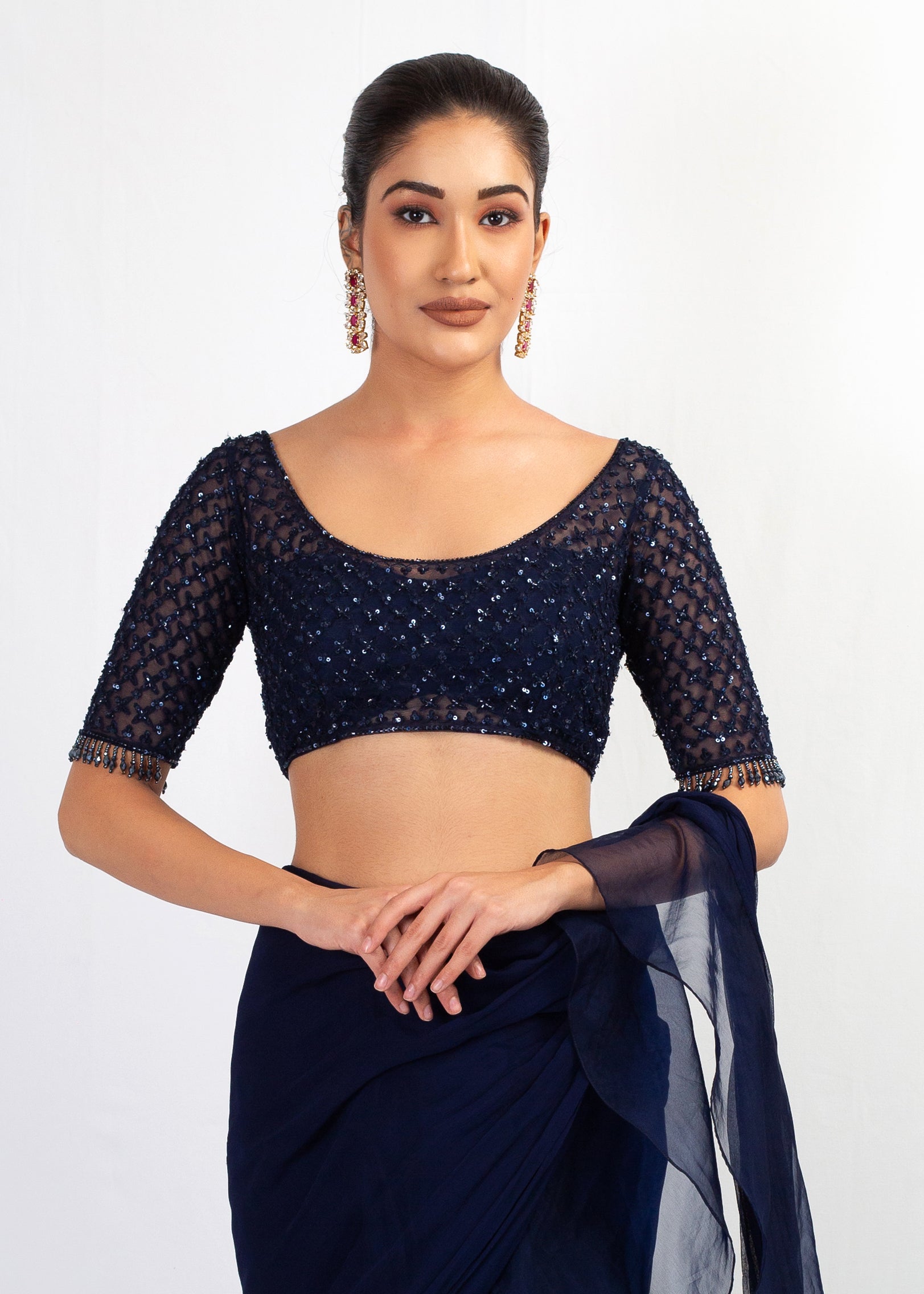 STYLISH NAVY BLUE PLAIN SAREE WITH EMBROIDERY TOP