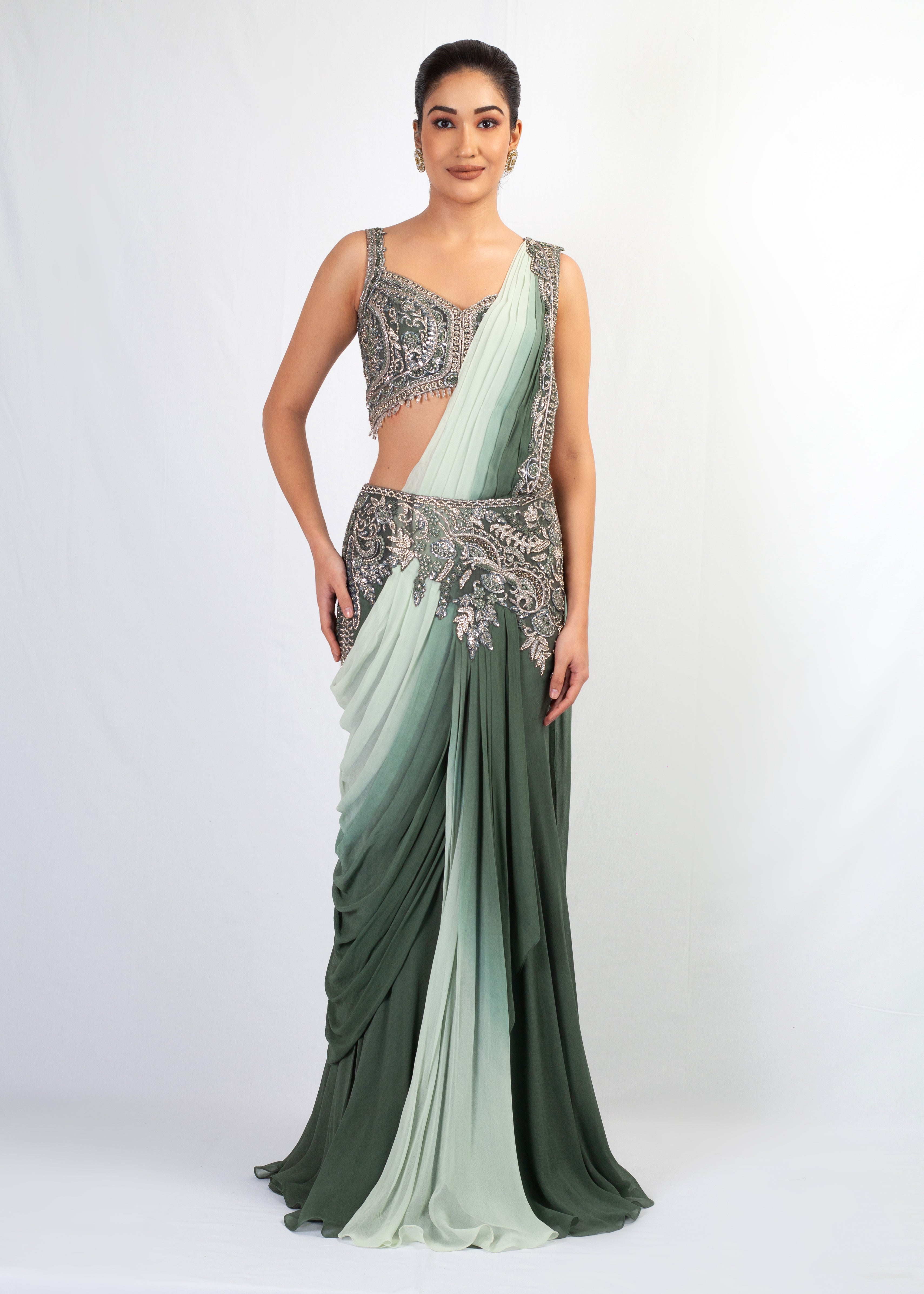 BOTTLE GREEN EMBROIDERED STITCHED SAREE WITH TOP