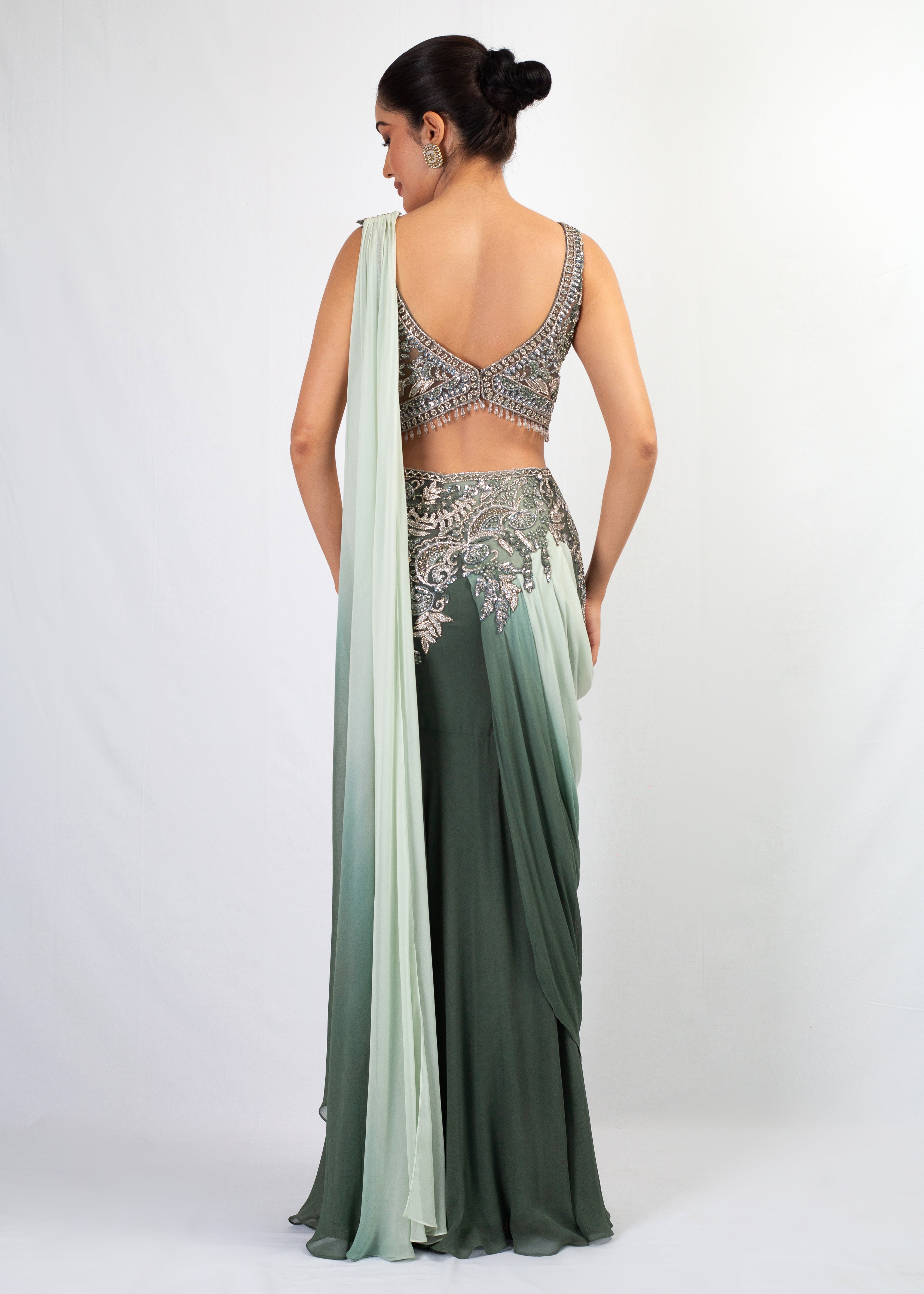 BOTTLE GREEN EMBROIDERED STITCHED SAREE WITH TOP