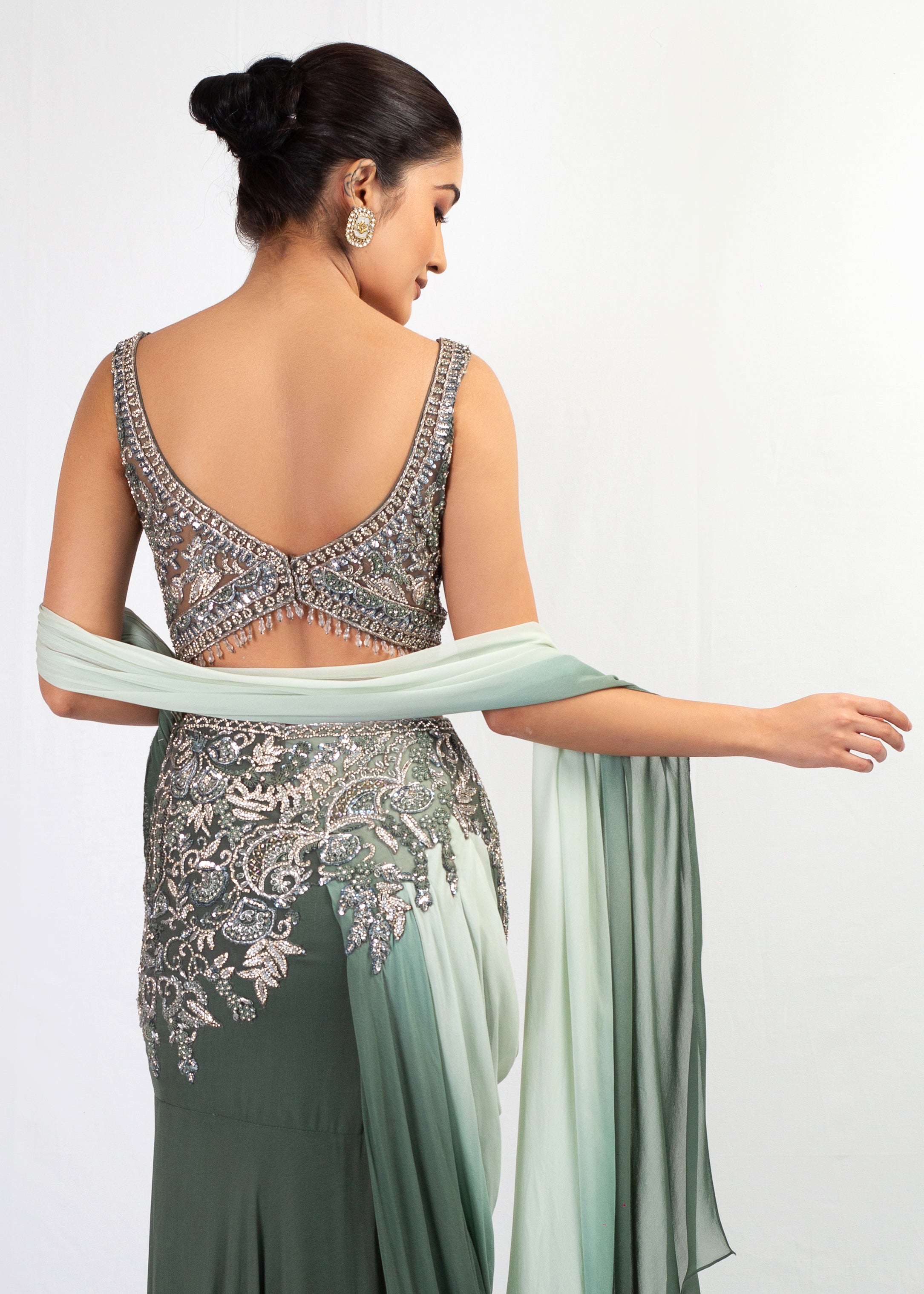 BOTTLE GREEN EMBROIDERED STITCHED SAREE WITH TOP