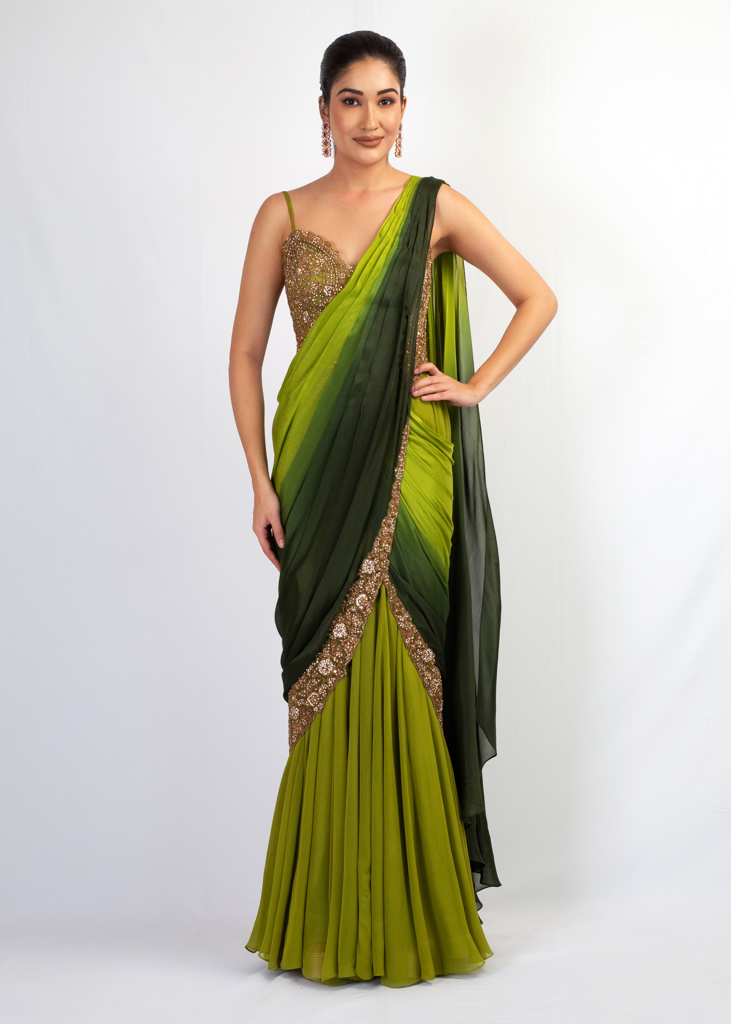 ELEGANT GREEN OMBRE DRAPE SAREE WITH ATTACHED TOP