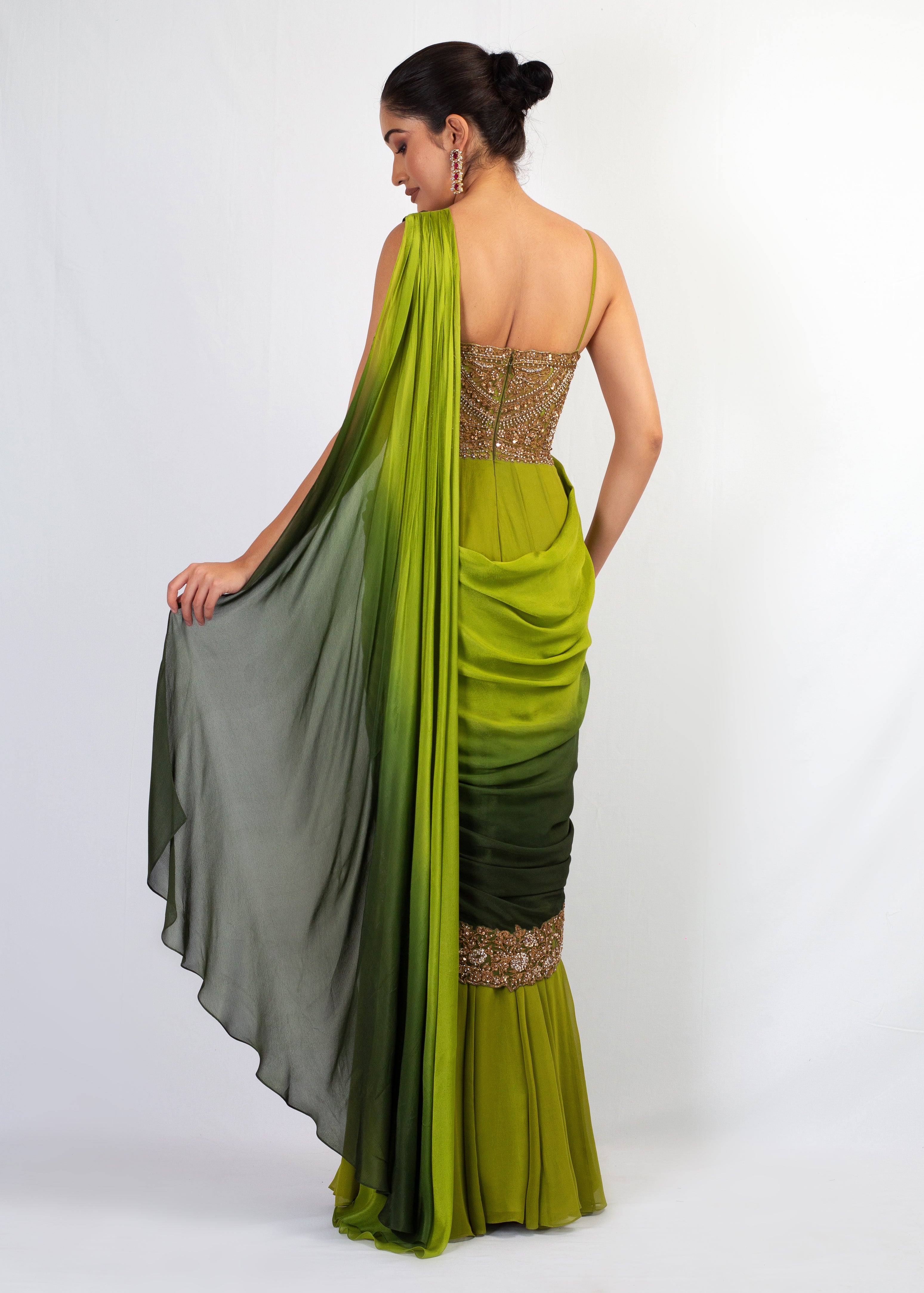 ELEGANT GREEN OMBRE DRAPE SAREE WITH ATTACHED TOP
