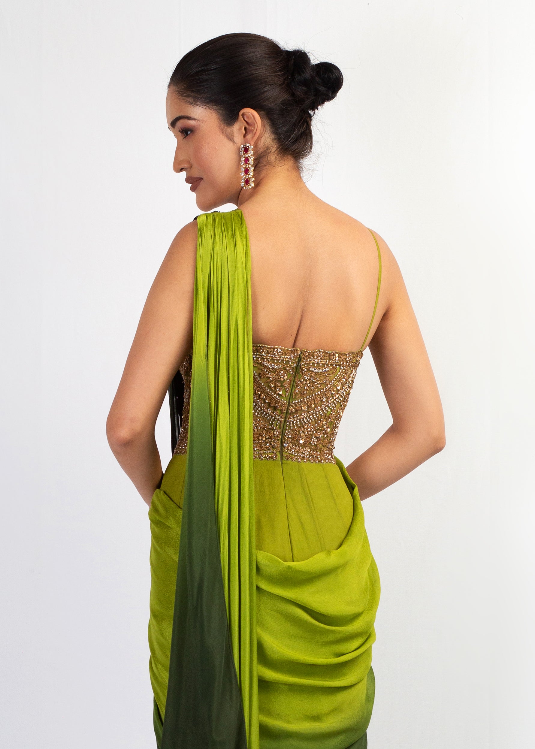 ELEGANT GREEN OMBRE DRAPE SAREE WITH ATTACHED TOP