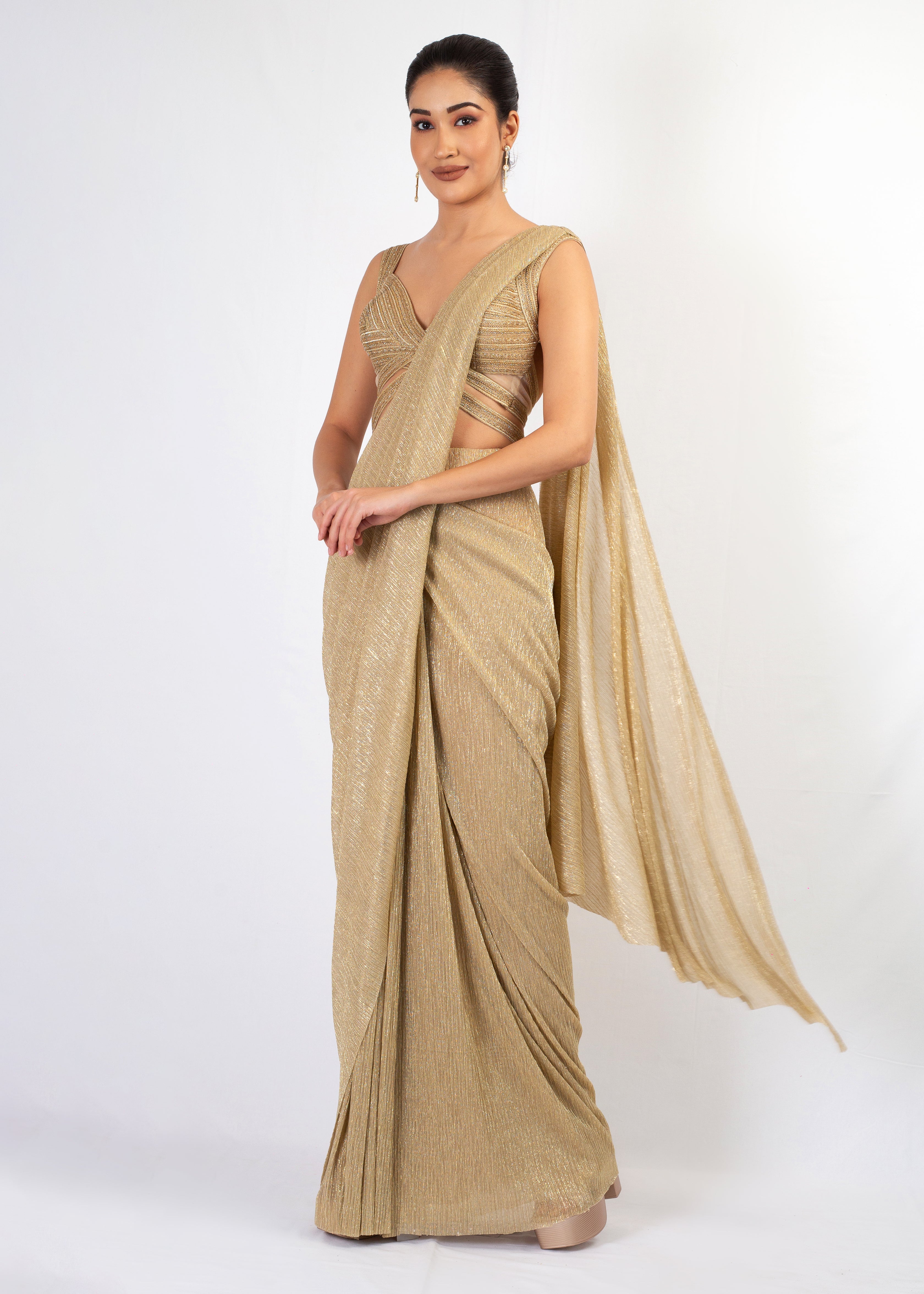 ELEGANT GOLD EMBROIDERY TOP WITH DRAPE SAREE