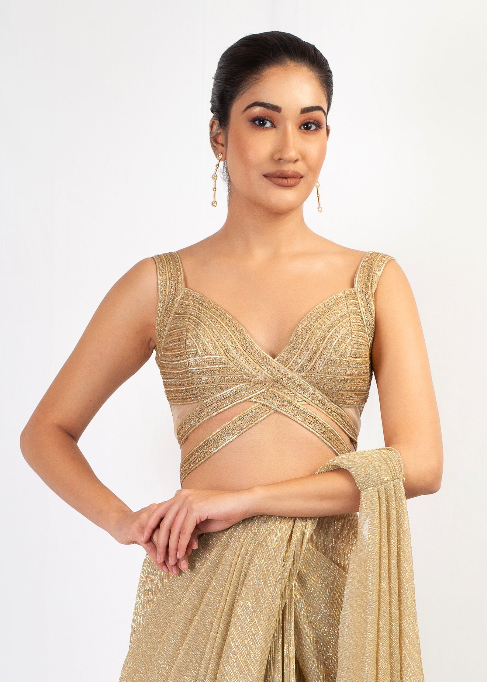 ELEGANT GOLD EMBROIDERY TOP WITH DRAPE SAREE