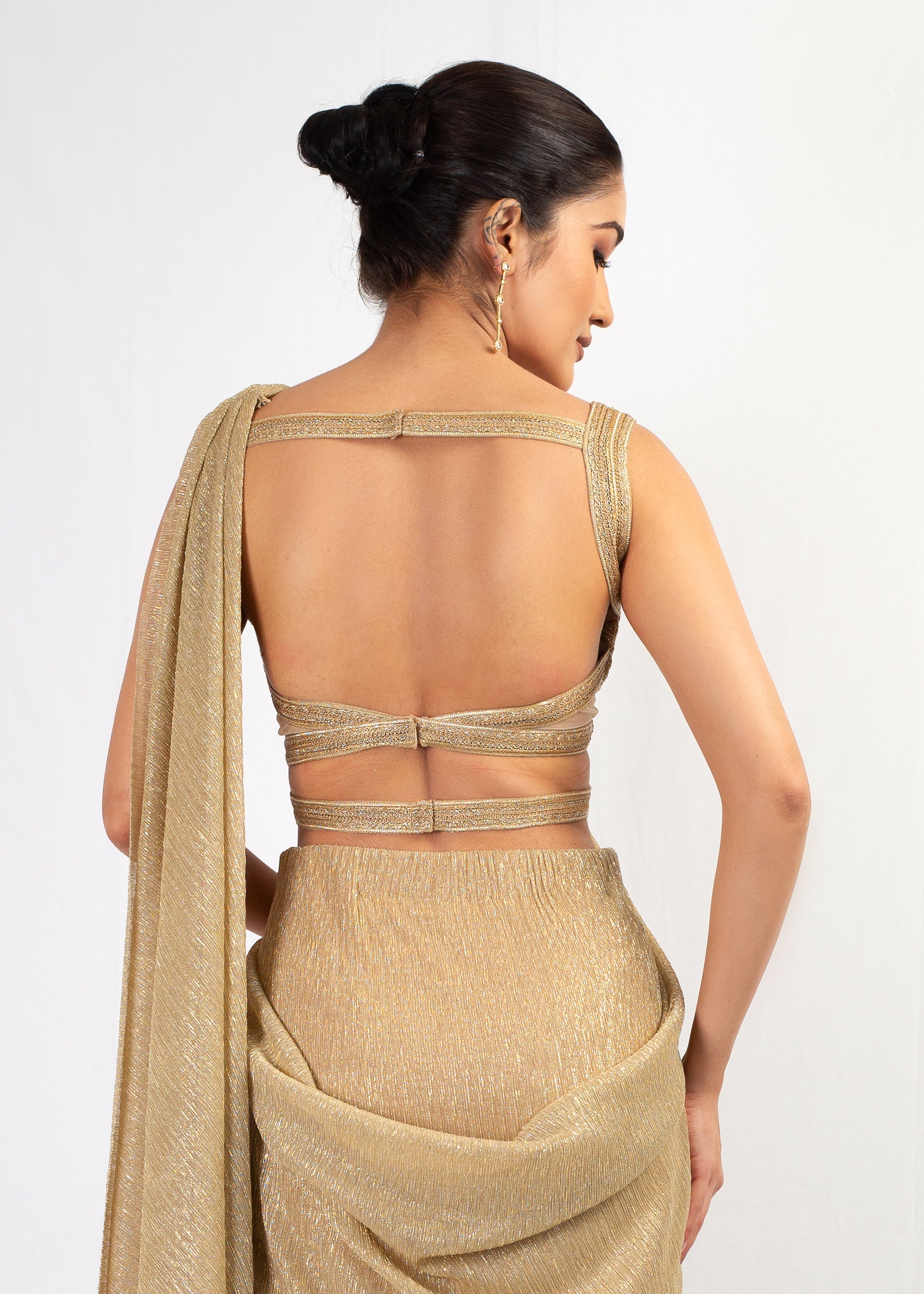 ELEGANT GOLD EMBROIDERY TOP WITH DRAPE SAREE