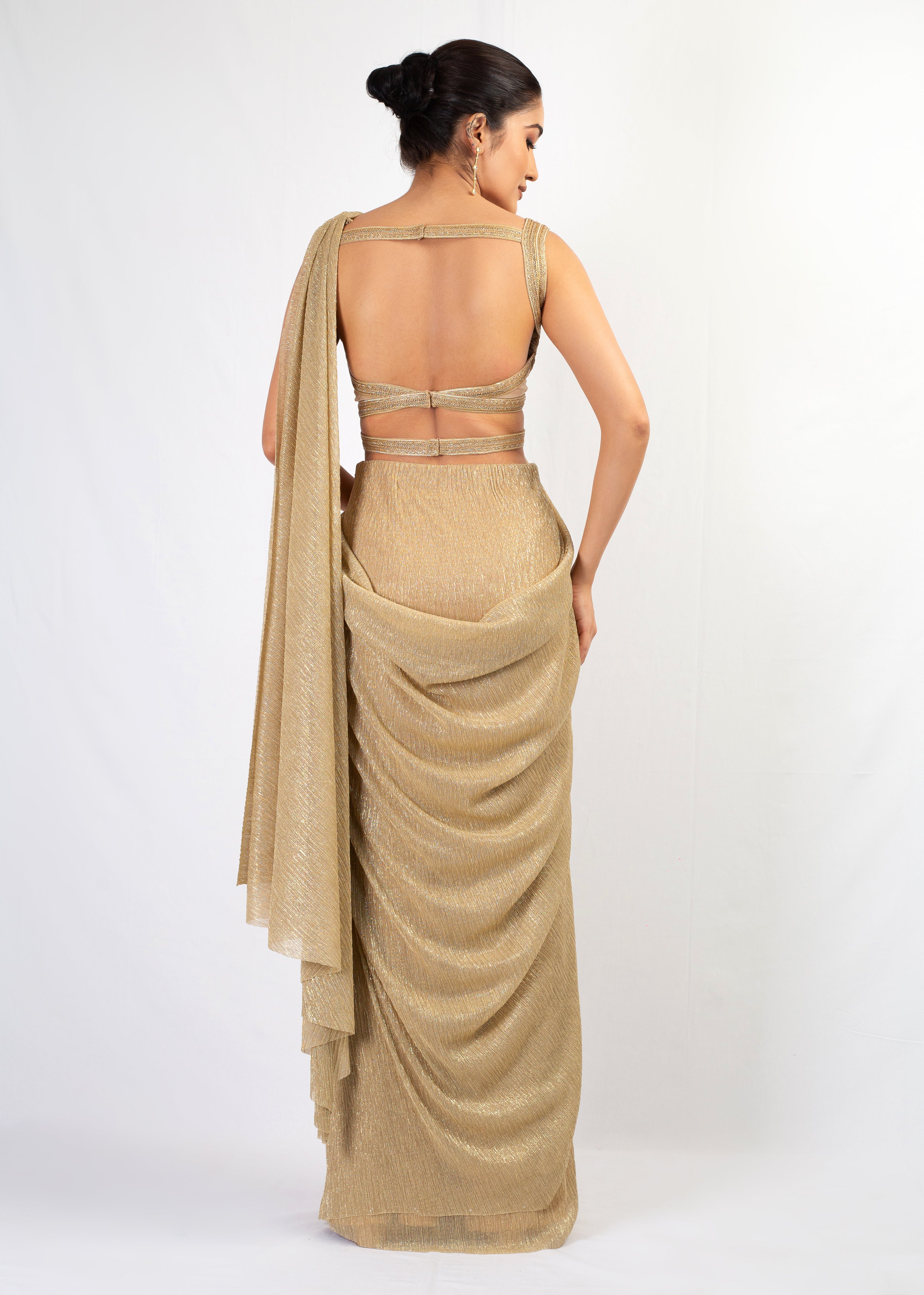 ELEGANT GOLD EMBROIDERY TOP WITH DRAPE SAREE