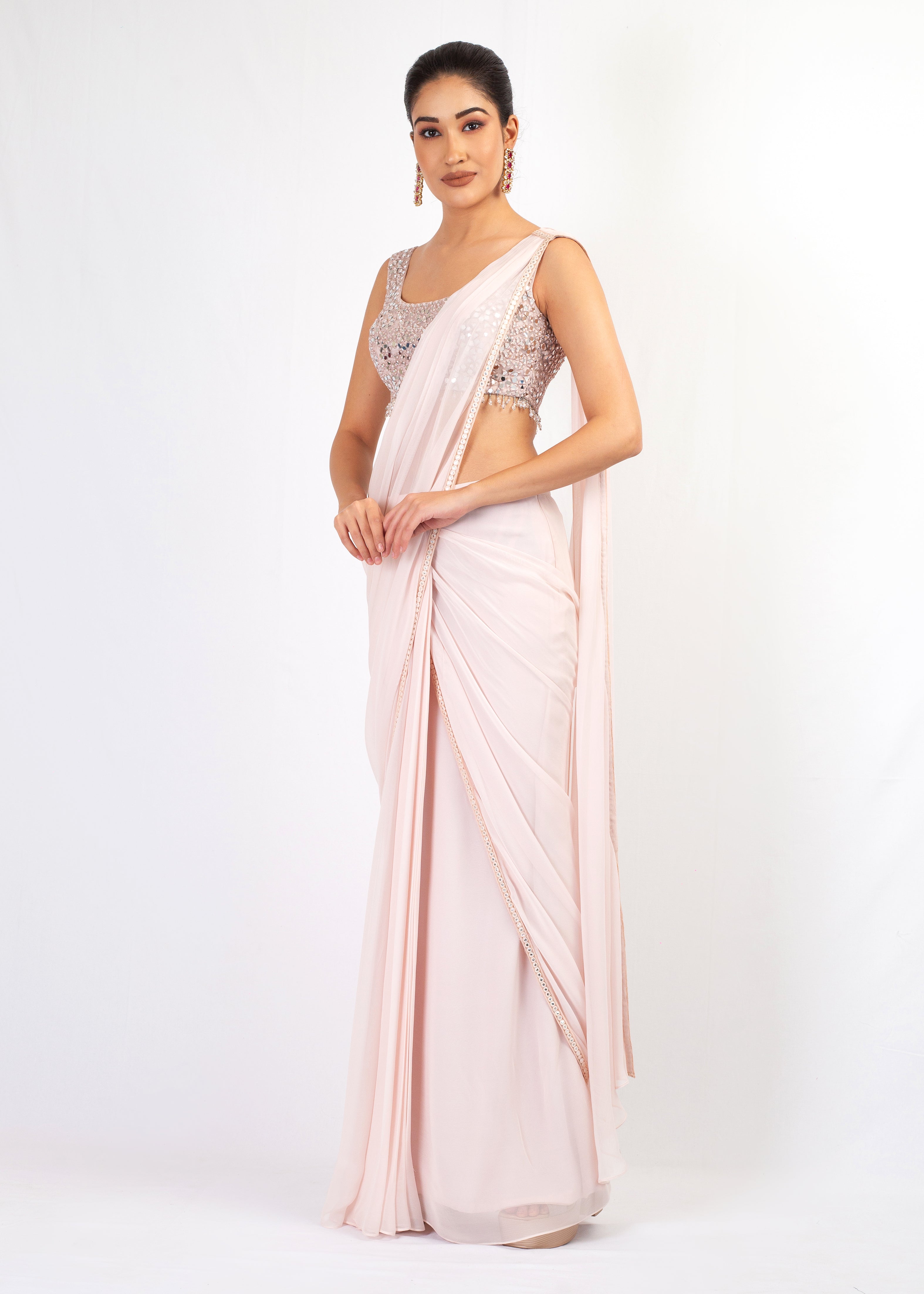 ELEGANT LIGHT NUDE EMBROIDERY TOP WITH DRAPE SAREE