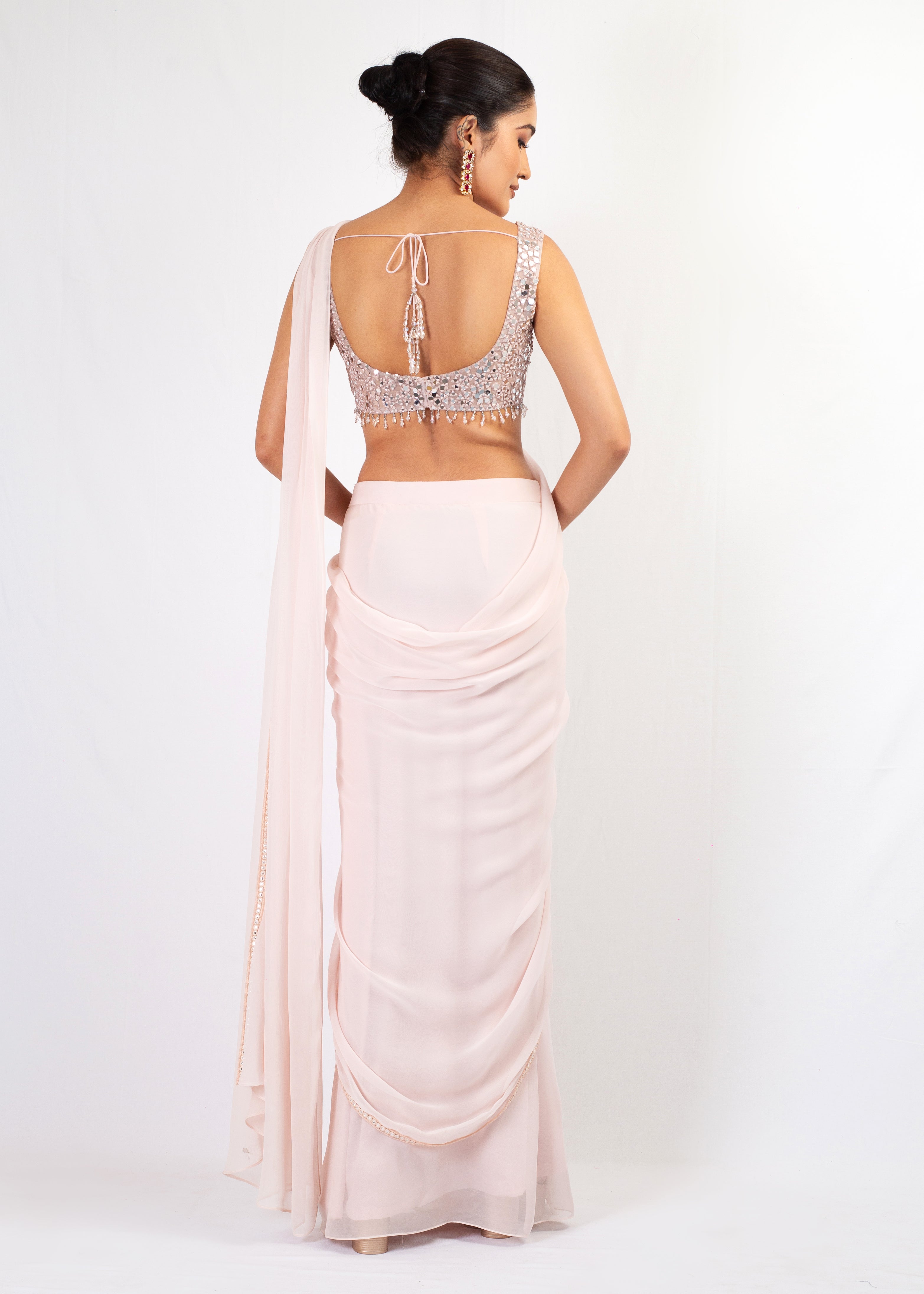 ELEGANT LIGHT NUDE EMBROIDERY TOP WITH DRAPE SAREE