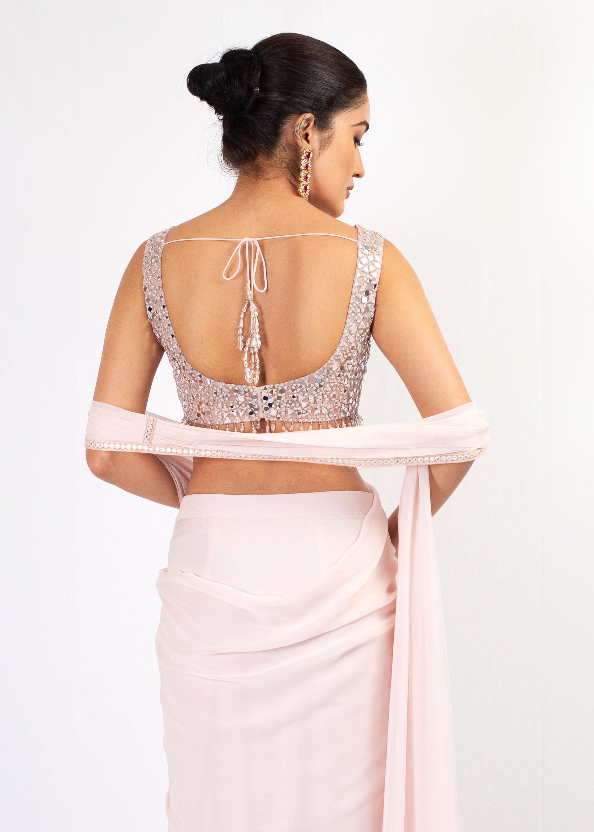 ELEGANT LIGHT NUDE EMBROIDERY TOP WITH DRAPE SAREE