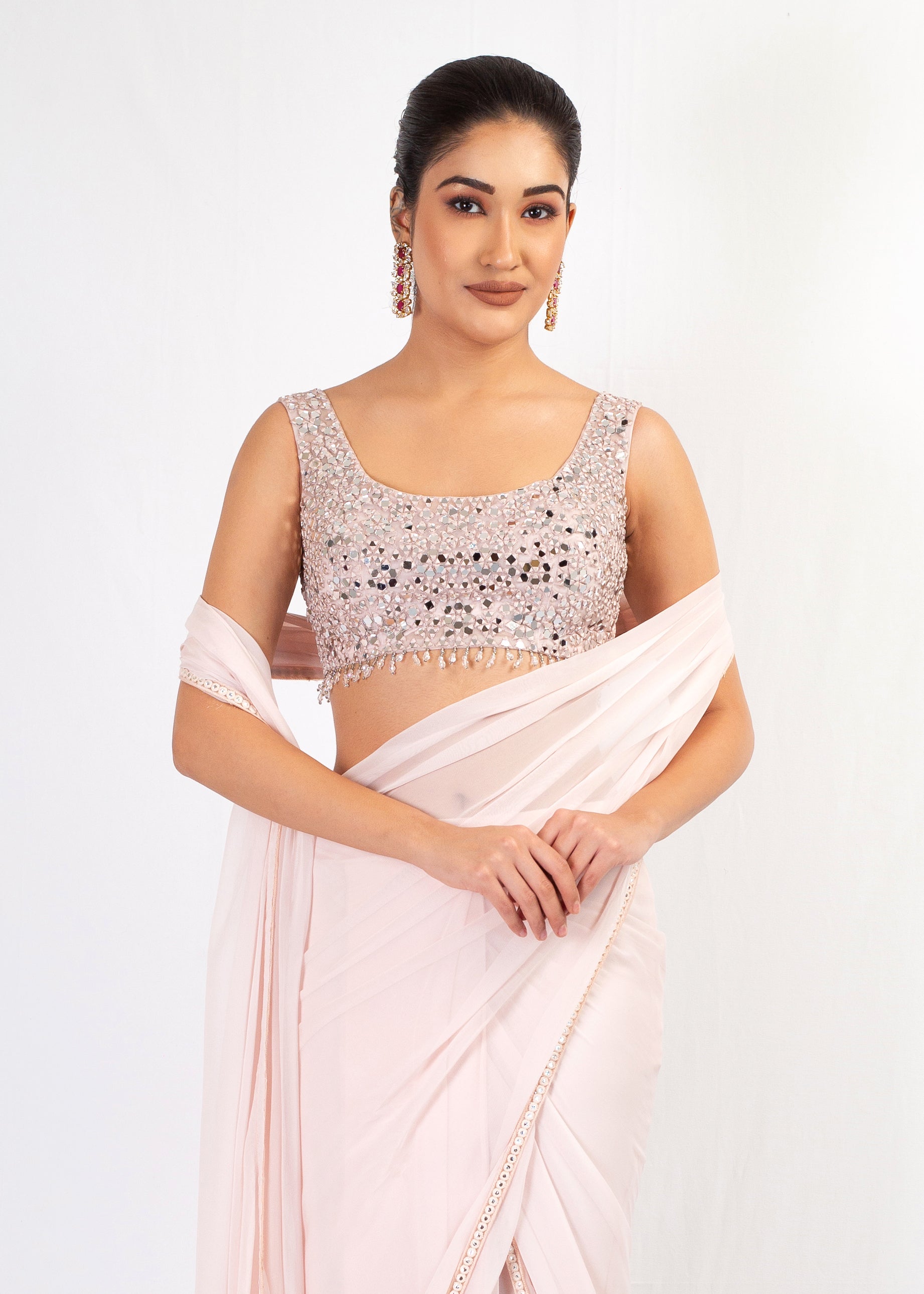 ELEGANT LIGHT NUDE EMBROIDERY TOP WITH DRAPE SAREE