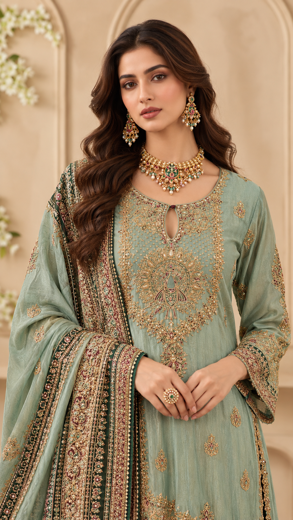 Mint Embroidered Sharara Set