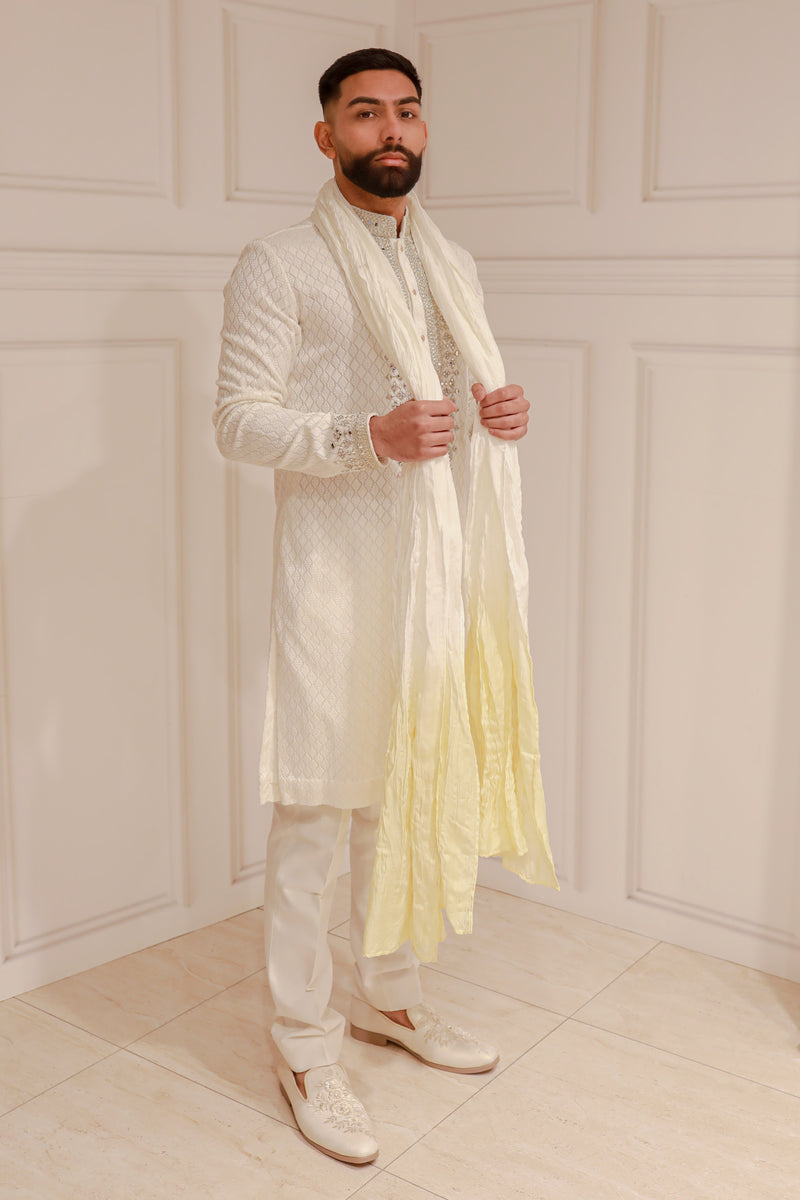 WHITE EMBROIDERY BROCADE KURTA WITH TROUSER